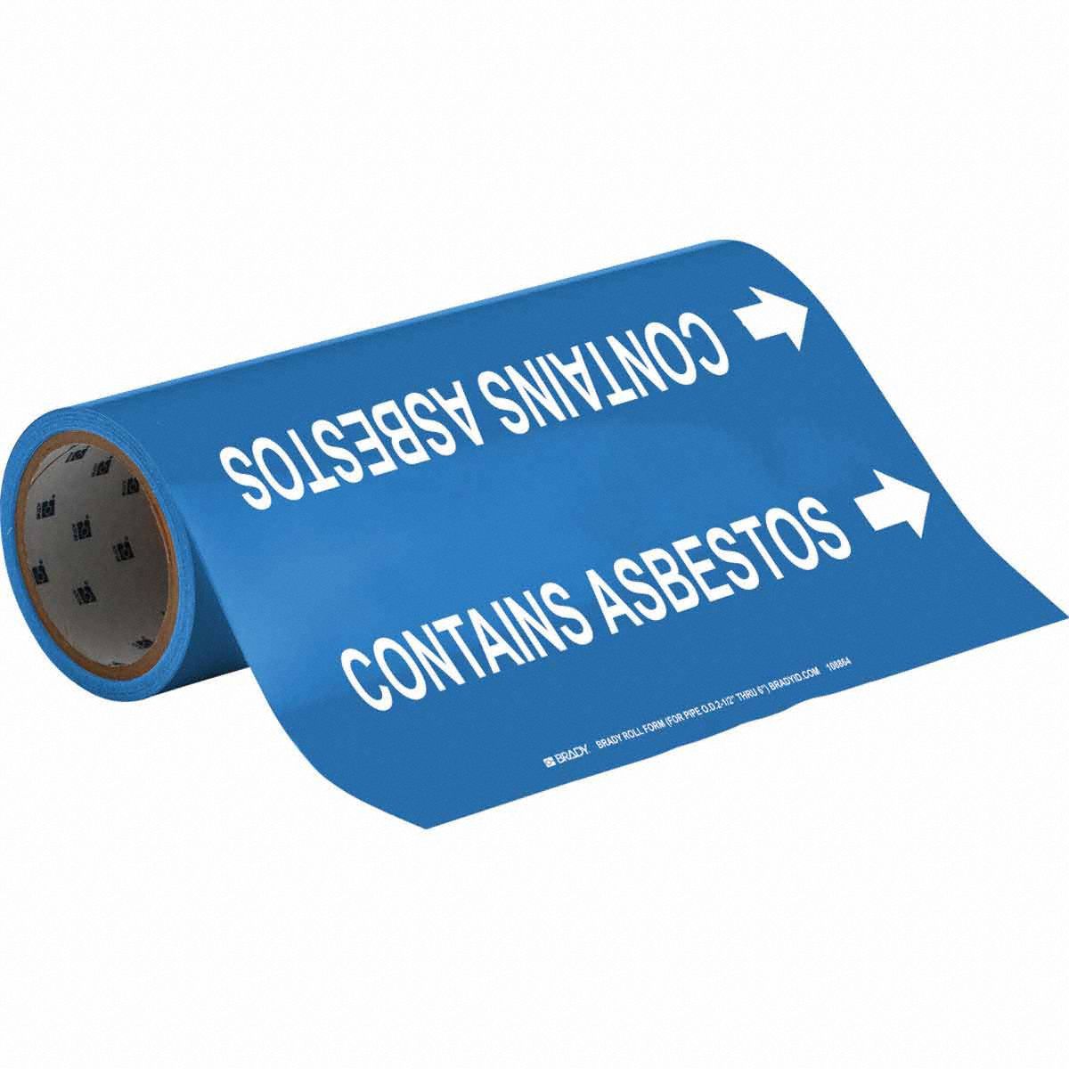 Pipe Marker: Contains Asbestos, Blue, White, Fits 2 1/2 to 6 in Pipe O.D., 30 Pipe Markers