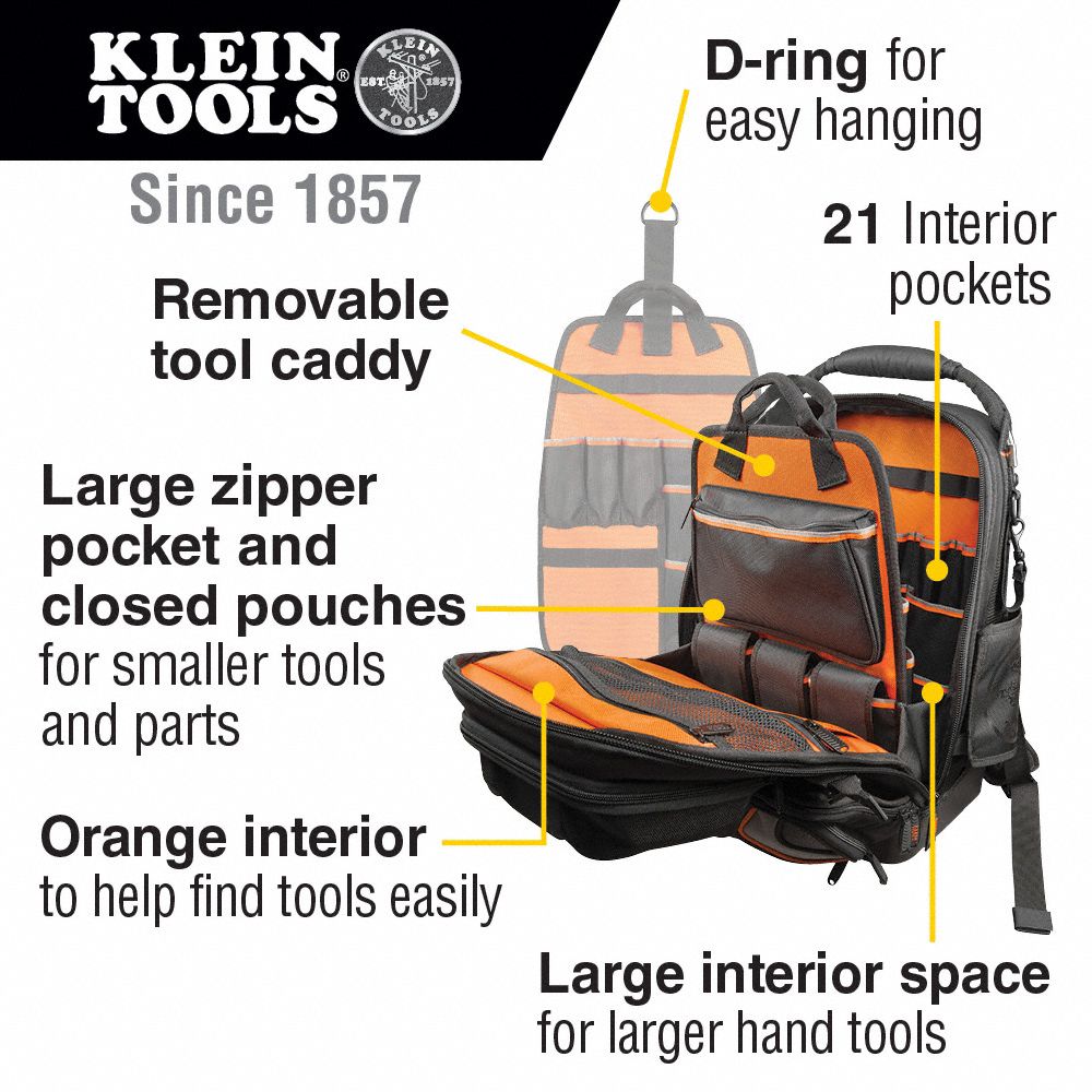 KLEIN TOOLS, 13 1/2 in W 11 in D 19 1/2 in H, Polyester, Tool Backpack ...