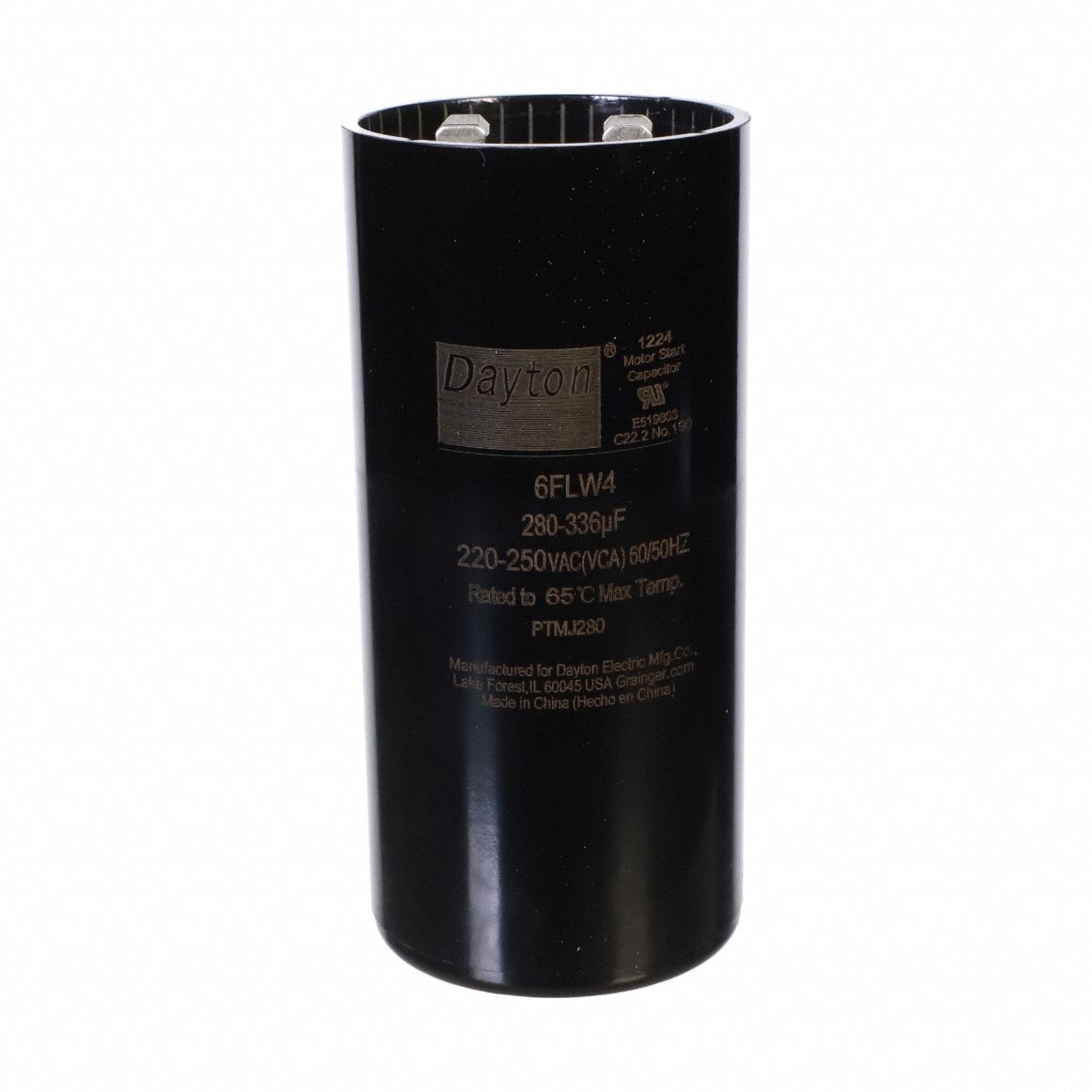 Motor Start Capacitor: Round, 4 3/8 in Case Ht, 2 1/16 in Dia, 220-250V AC, 280-336 MFD