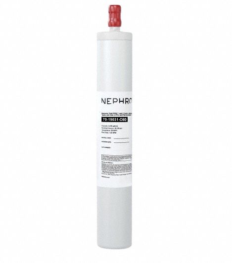 NEPHROS Carbon Block Filter: 1 micron, 1.6 gpm, 3,145 gal, 17 in Overall Ht, 3 in Overall Dia (MPN 70-19031-C60). Key specifications — Filter Media: Carbon; Reduces: Objectionable Odors; Brand: NEPHROS.