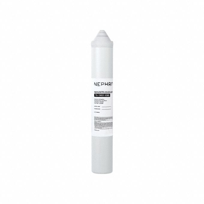 NEPHROS Carbon Block Filter: 1 micron, 1.6 gpm, 3,145 gal, 17 in Overall Ht, 3 in Overall Dia (MPN 70-19031-E60). Key specifications — Filter Media: Carbon; Reduces: Asbestos; Brand: NEPHROS.
