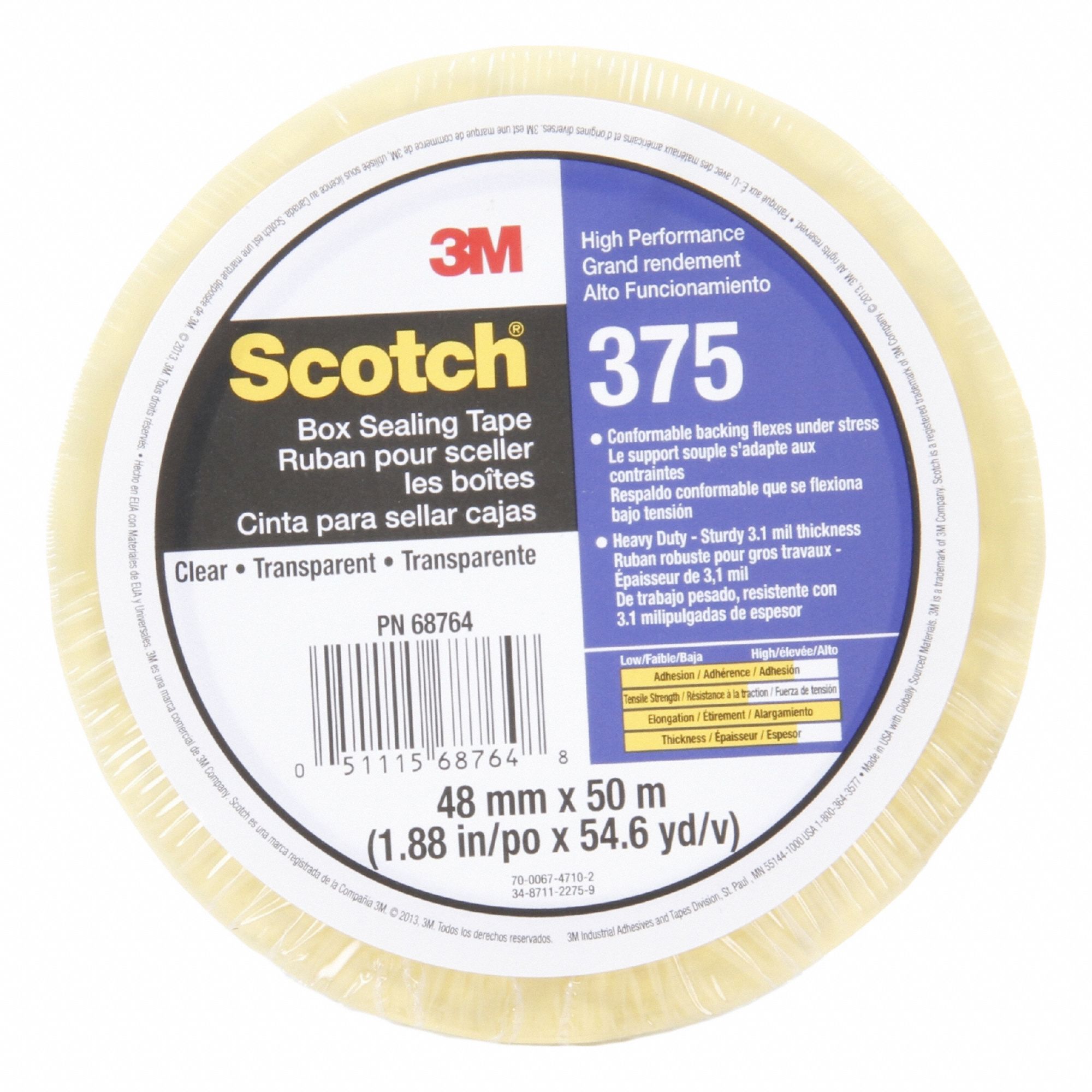 Carton Sealing Tape: 3.1 mil Tape Thick, 2 in x 55 yd, 375