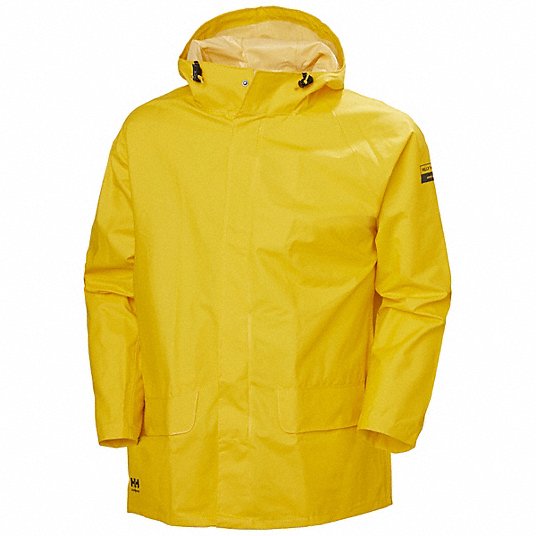 Rain Jacket: Rain Jacket, M, Yellow, Snap, Attached Hood, Polyester, 2 Pockets, Hip Lg