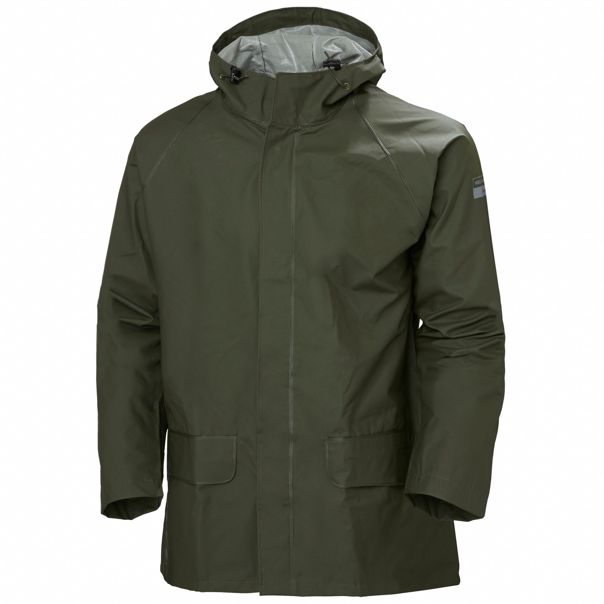 HELLY HANSEN Rain Jacket: Rain Jacket, L, Green, Snap, Attached Hood,  Polyester, 2 Pockets, Hip Lg