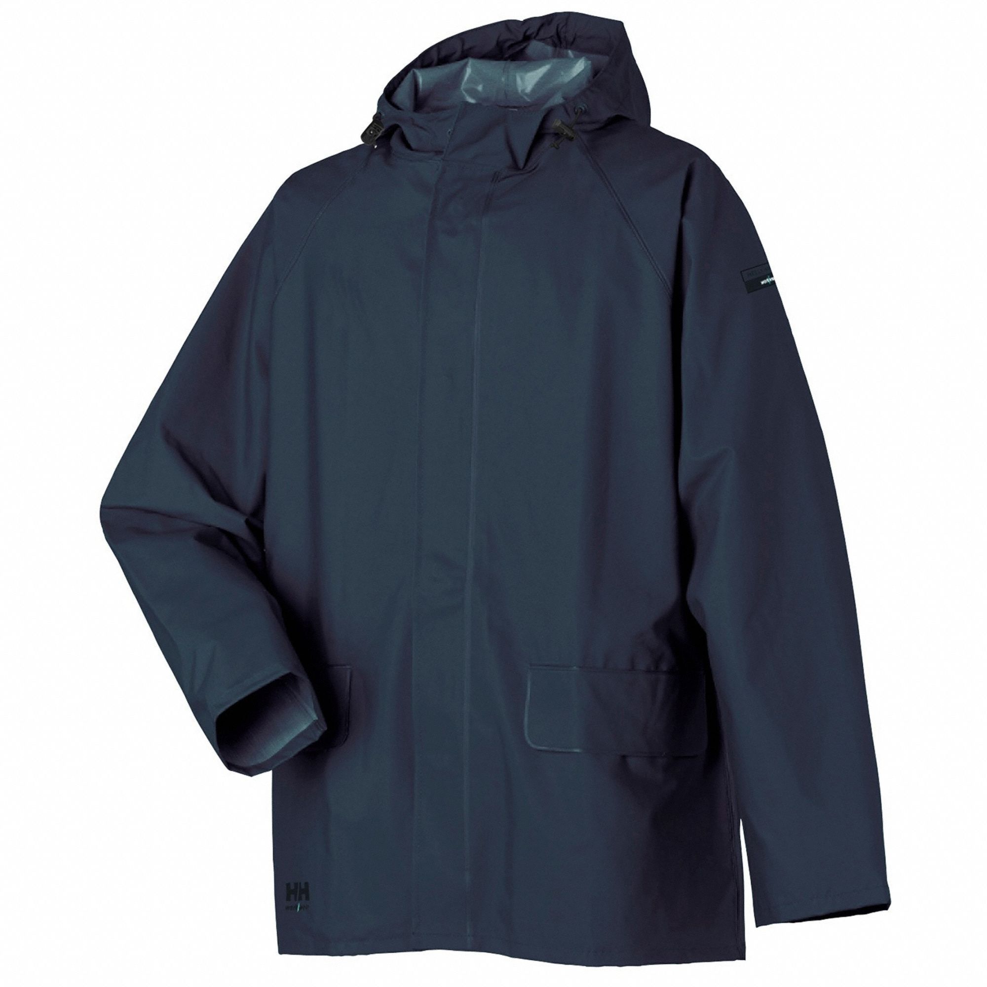 HELLY HANSEN Rain Jacket: Rain Jacket, L, Blue, Snap, Attached Hood,  Polyester/PVC, 2 Pockets