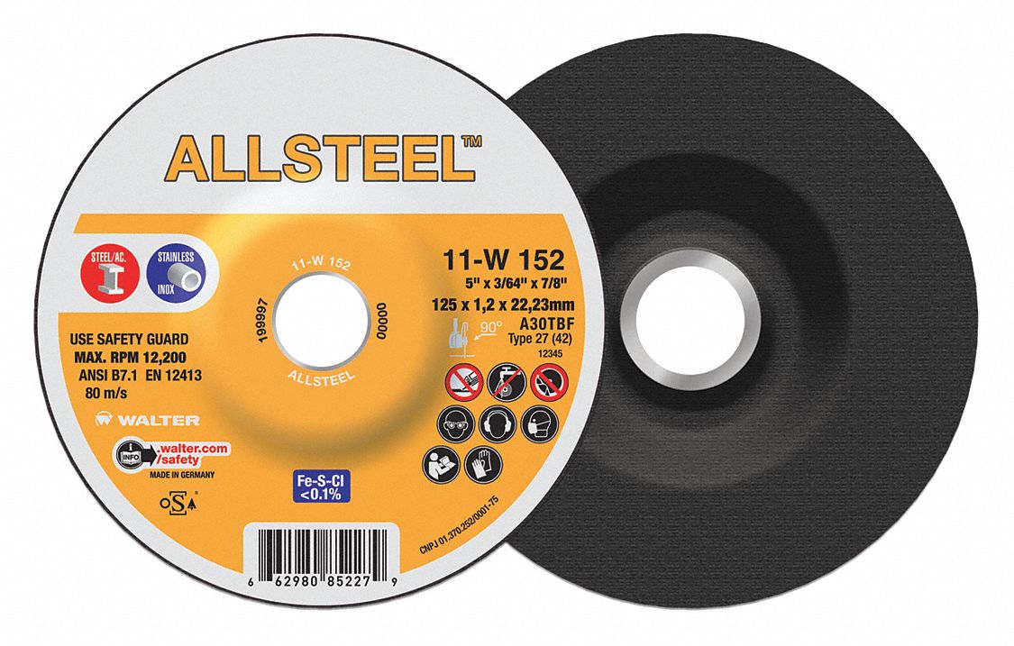 CUT-OFF WHEEL, FOR STEEL, TYPE 27, 30 GRIT, 12,250 RPM, 5 X 3/64 X 7/8 IN, ALUMINUM OXIDE