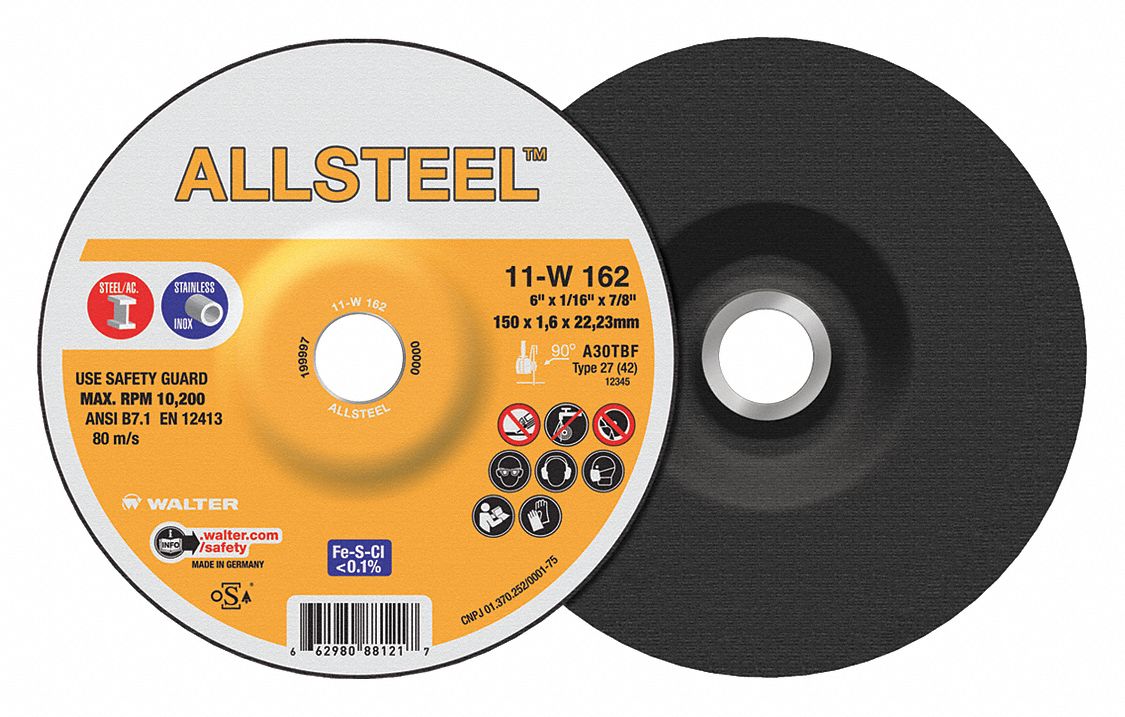 CUT-OFF WHEEL, FOR STEEL, TYPE 27, 30 GRIT, 10,200 RPM, 6 X 1/16 X 7/8 IN, ALUMINUM OXIDE