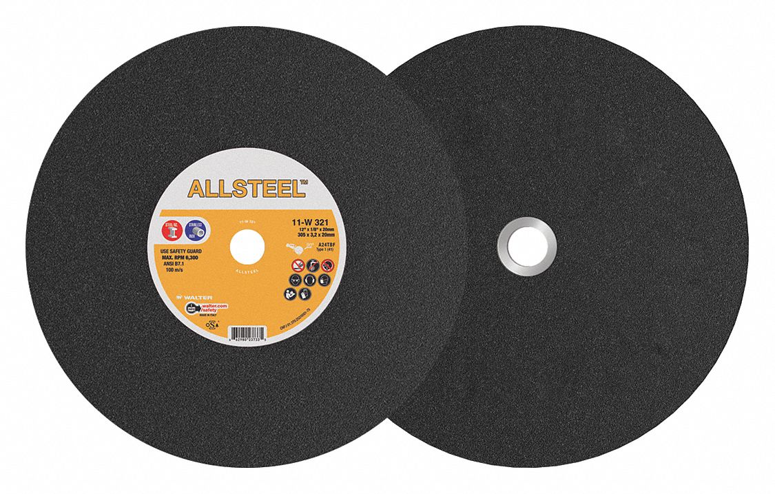 CUT-OFF WHEEL, FOR STEEL, TYPE 1, 24 GRIT, 6,300 RPM, 12 X 1/8 IN X 20 MM, ALUMINUM OXIDE