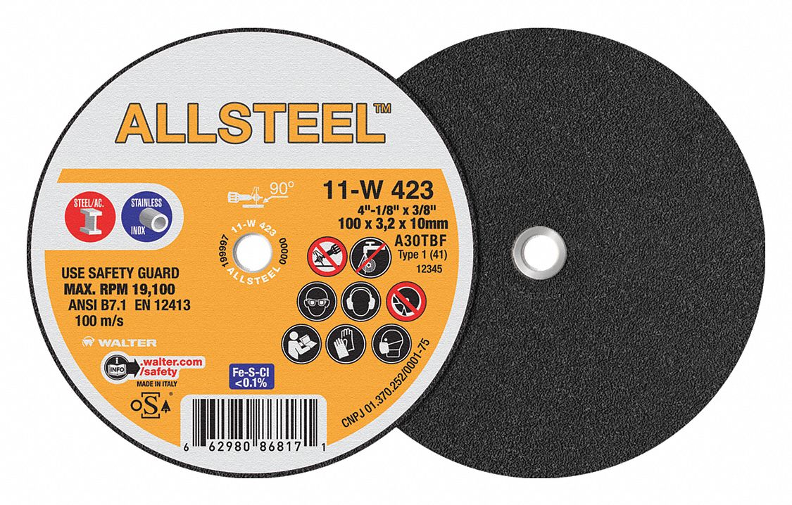 CUT-OFF WHEEL, FOR STEEL, TYPE 1, 46 GRIT, 19,100 RPM, 4 X 1/8 X 3/8 IN, ALUMINUM OXIDE