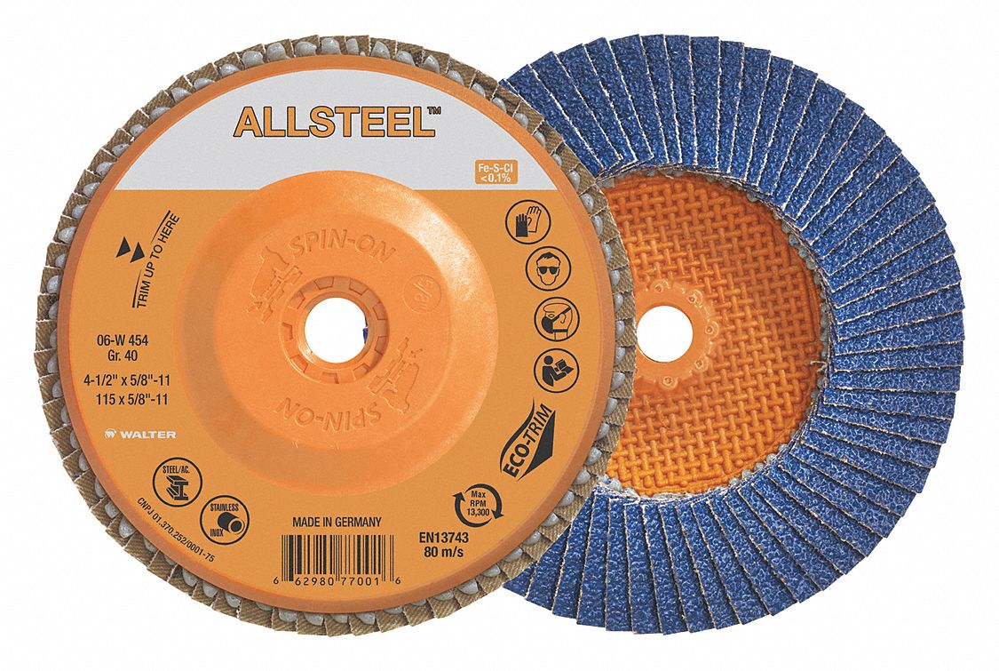 FLAP DISC, FOR STEEL, TYPE 27, 40 GRIT, 4 1/2 IN DIA, 5/8