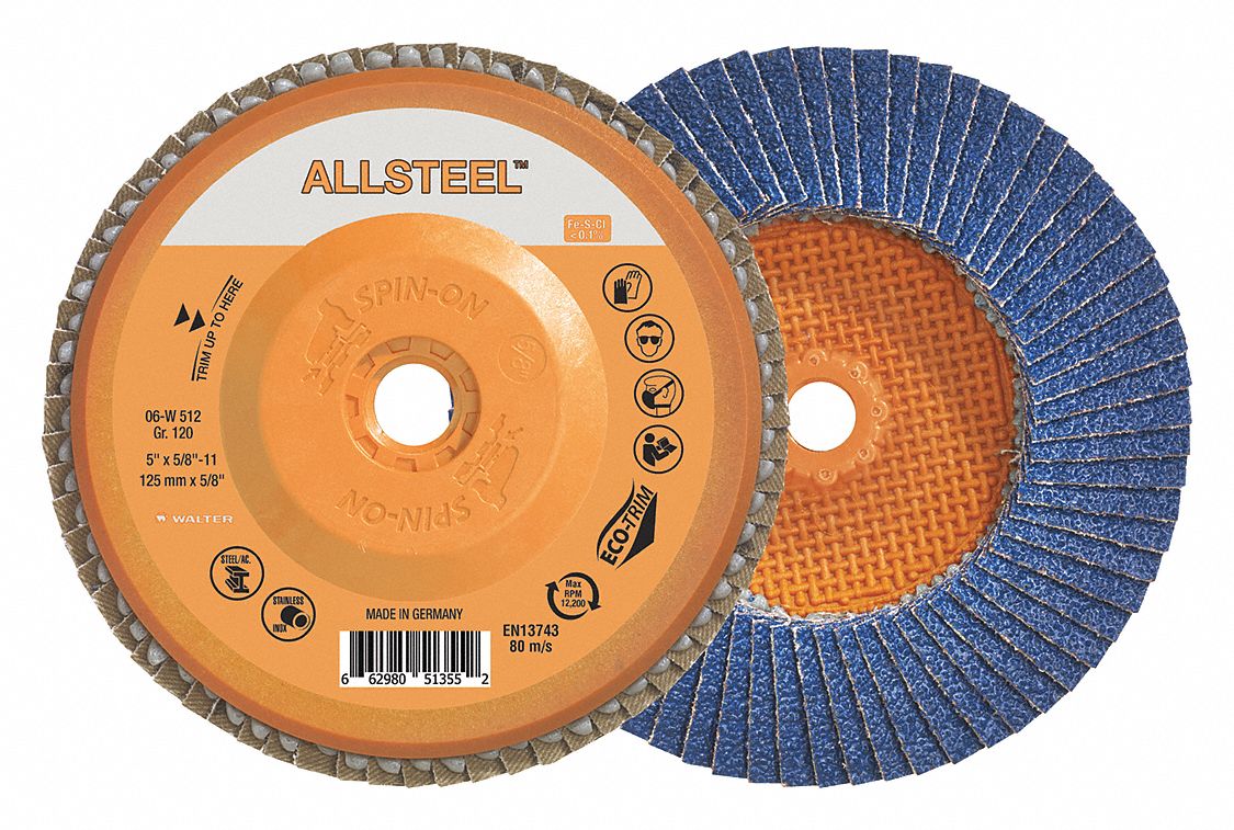 FLAP DISC, FOR STEEL, TYPE 27, 120 GRIT, 5 IN DIA, 5/8