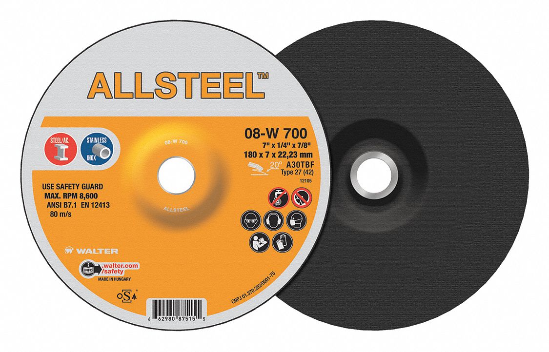 GRINDING WHEEL, TYPE 27, 30 GRIT, 8,600 RPM, 7 X 1/4 IN, 7/8 IN ARBOR, ALUMINUM OXIDE