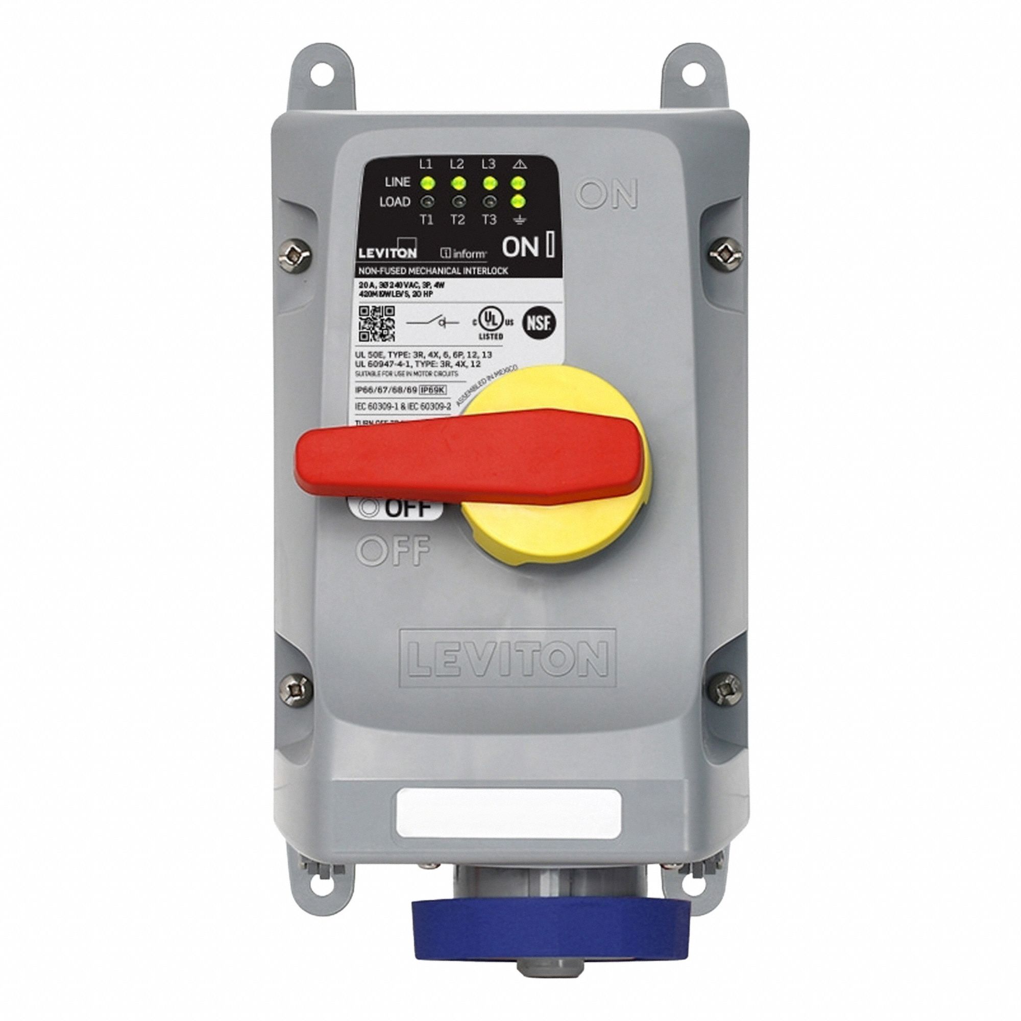 Pin and Sleeve Mechanical Interlock: Non-Fused, 20 A, 240V AC, 10 hp Horsepower Rating