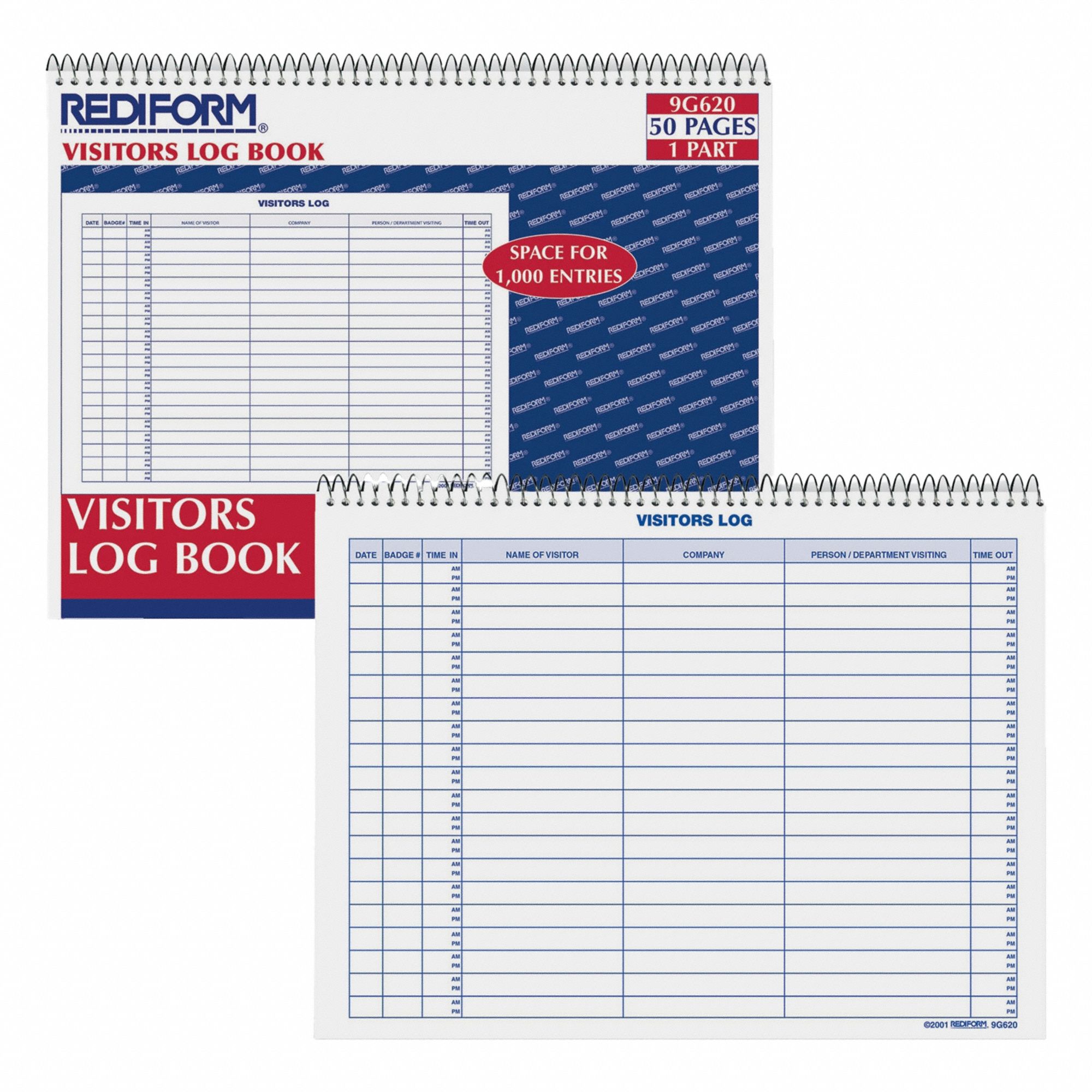 Visitors Register Book: 8 1/2 in, 11 in, Blue/Red/White, Spiral Bound, 50 Sheets, White