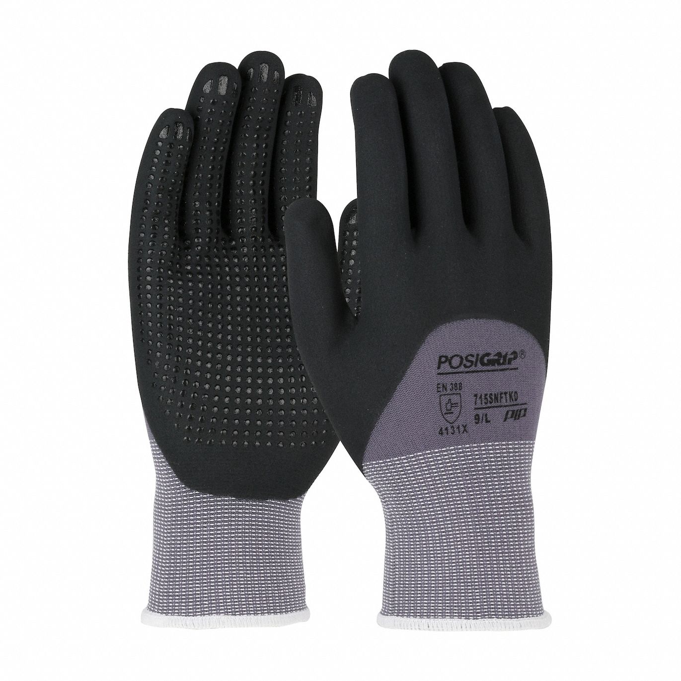 Knit Gloves: L, Dotted, Nitrile, Palm and Fingers, Dipped/Dotted, Full Finger, Gray, 12 PK