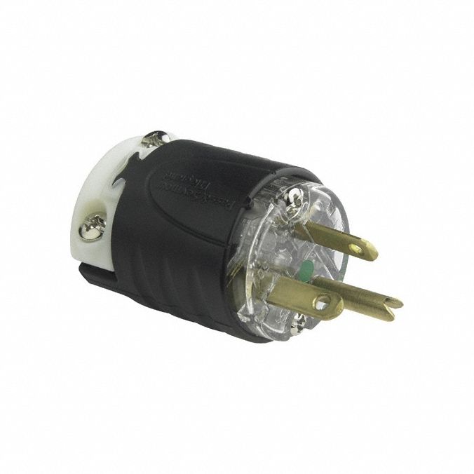Straight Blade Plug: 6-20P, 20 A, 250V AC, Black/Clear, 2 Poles, Screw Terminals