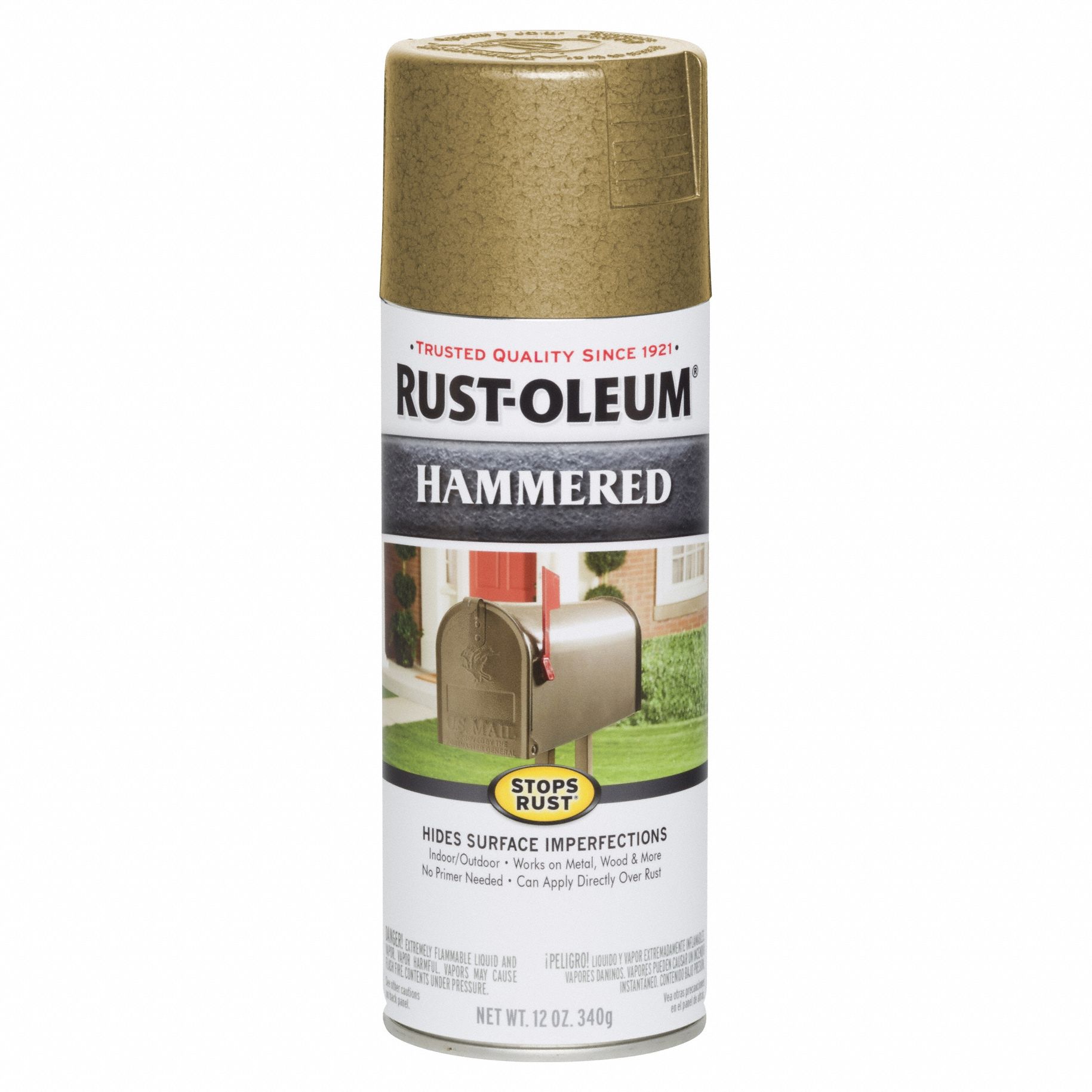 Spray Paint: Rust Preventative Spray Paint, Gold, Metal/Wood, Solvent, Modified Alkyd