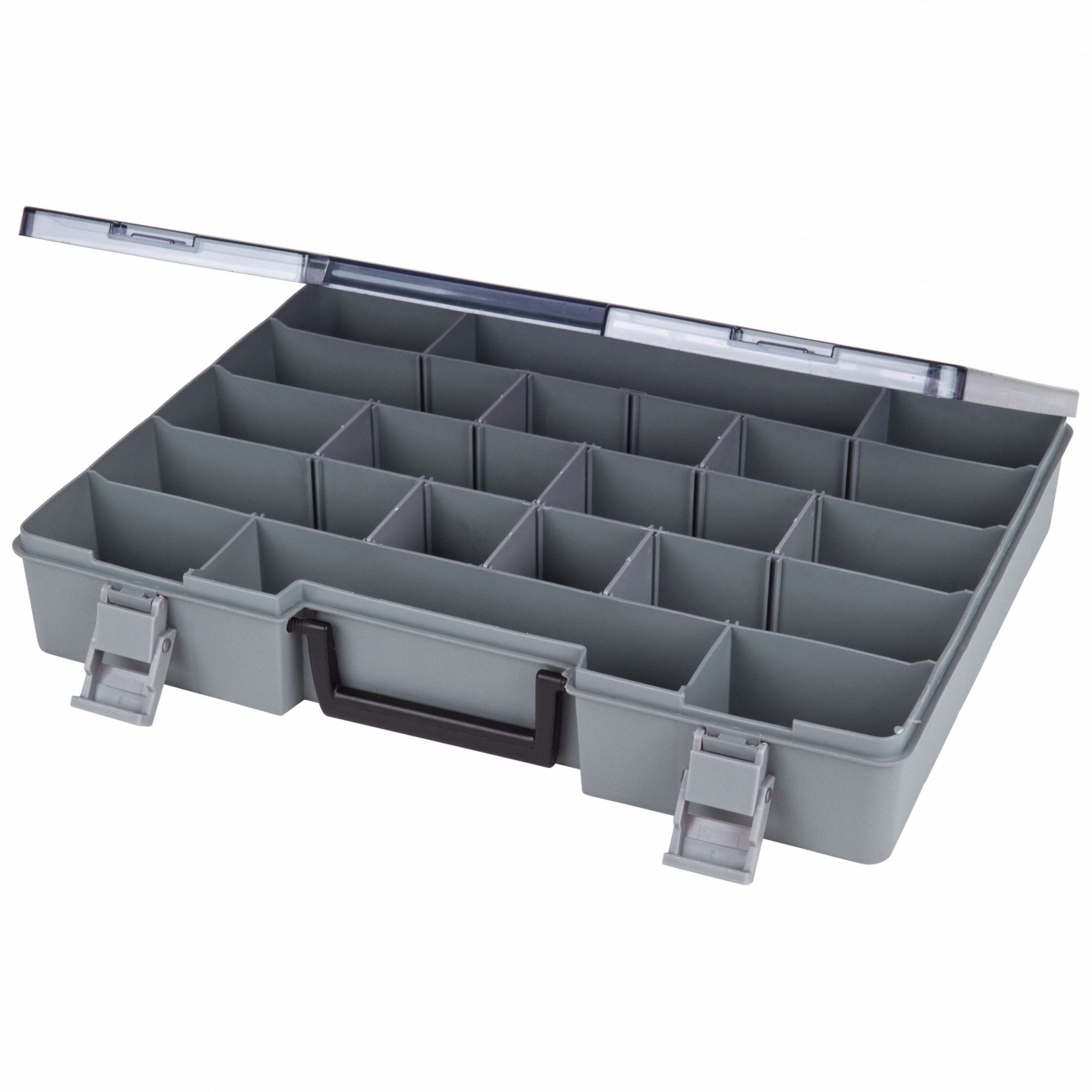 FLAMBEAU Compartment Box: 11 3/4 in x 15 1/2 in, Gray, 24 Compartments, 15  Adj Dividers, Snap