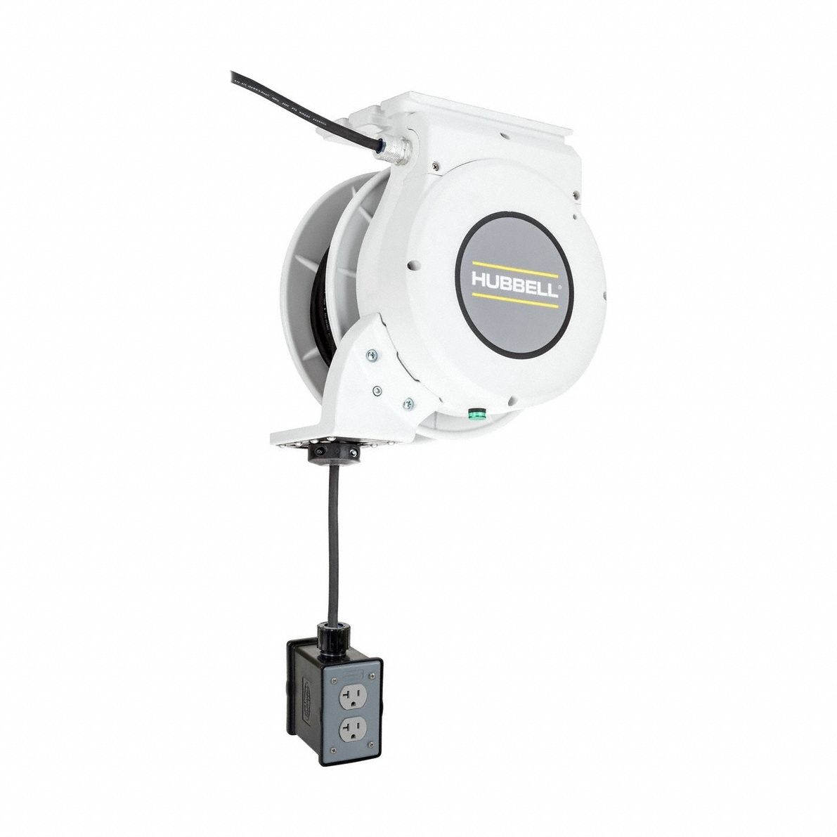 HUBBELL WIRING DEVICE-KELLEMS Extension Cord Reel: Ratchet Lock, 45 ft Cord Lg, 12 AWG, SJO, 5-20P (MPN HBLM45123R220M1). Key specifications — Retractable Cord Ending NEMA Configuration: 5-20R; Feeder Cord Ending NEMA Configuration: 5-20P; Brand: HUBBELL WIRING DEVICE-KELLEMS.