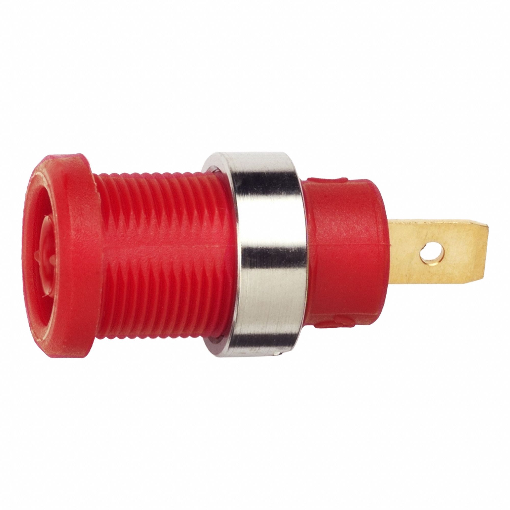 POMONA Panel Mount Banana Jack: CAT III 1000V, 1 3/8 in Lg, 36 A Max Current Measurement (MPN 72913-2). Key specifications — Manufacturer Part Number: 72913-2; Body Material: Brass; Brand: POMONA; Color: Red.