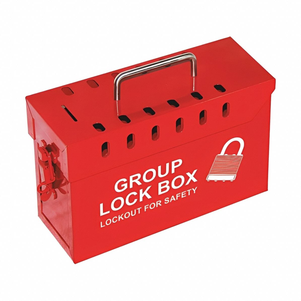 Group Lockout Box: Steel, Red, 6 in x 10 in 4 in, Portable, Hinged, 12 Padlocks, English, ZING