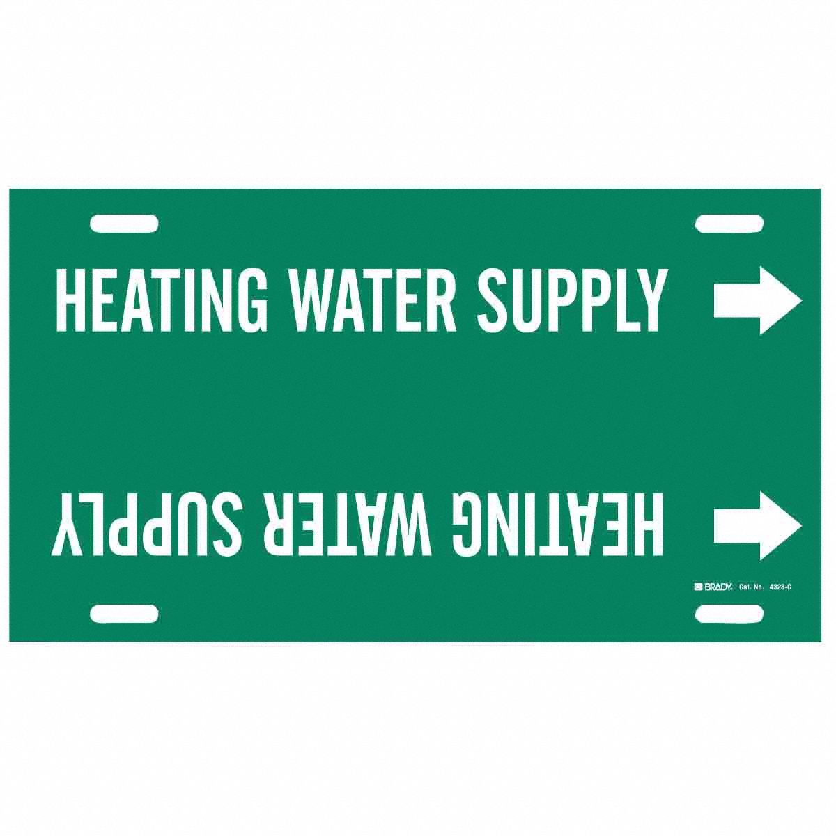 Pipe Marker: Heating Water Supply, Green, White, Fits 8 to 9 7/8 in Pipe O.D., 1 Pipe Markers