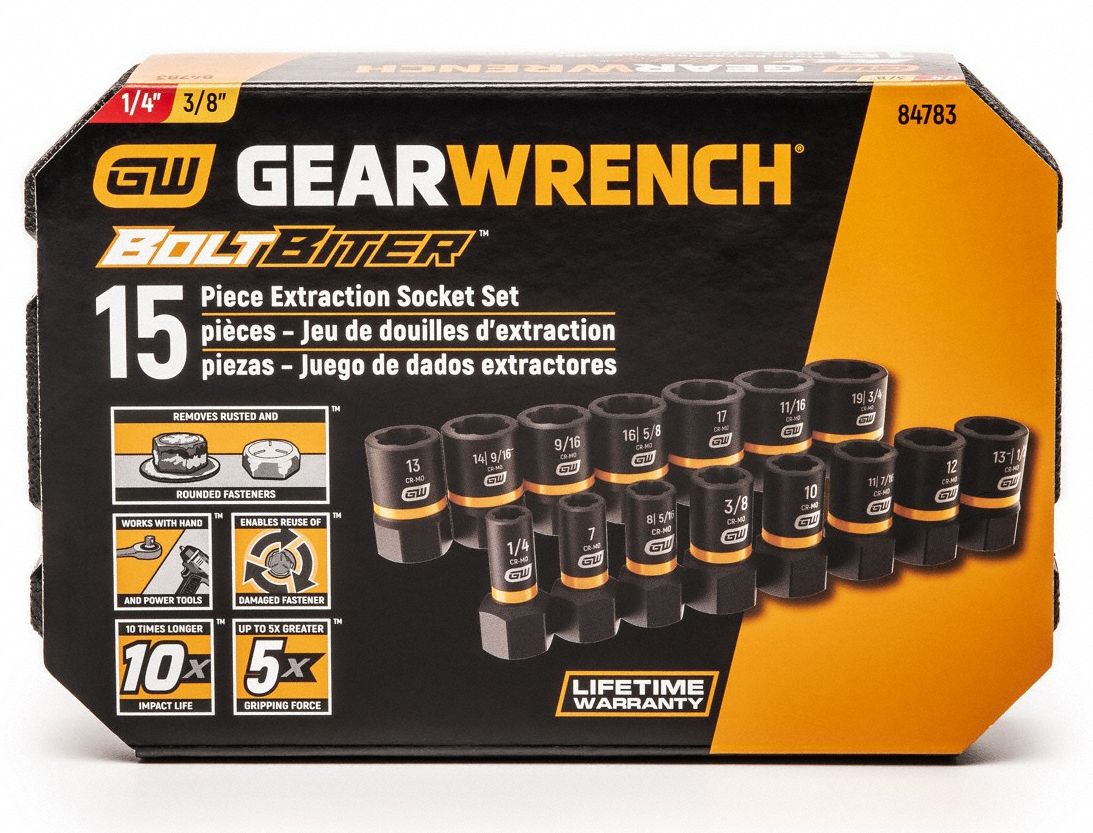 GEARWRENCH Bolt Extractor Set, Alloy Steel, Black Oxide, 1/4 in, 3/8 in