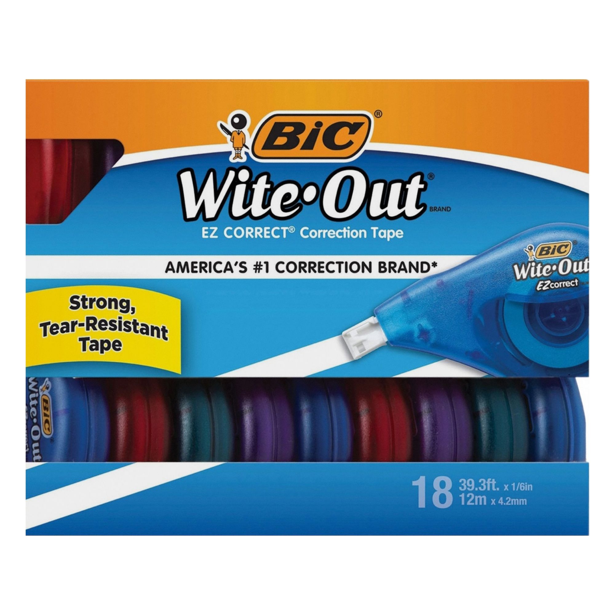 Correction Tape: Assorted, Applies Dry, 1/8 in Correction Tape Wd, 18 PK