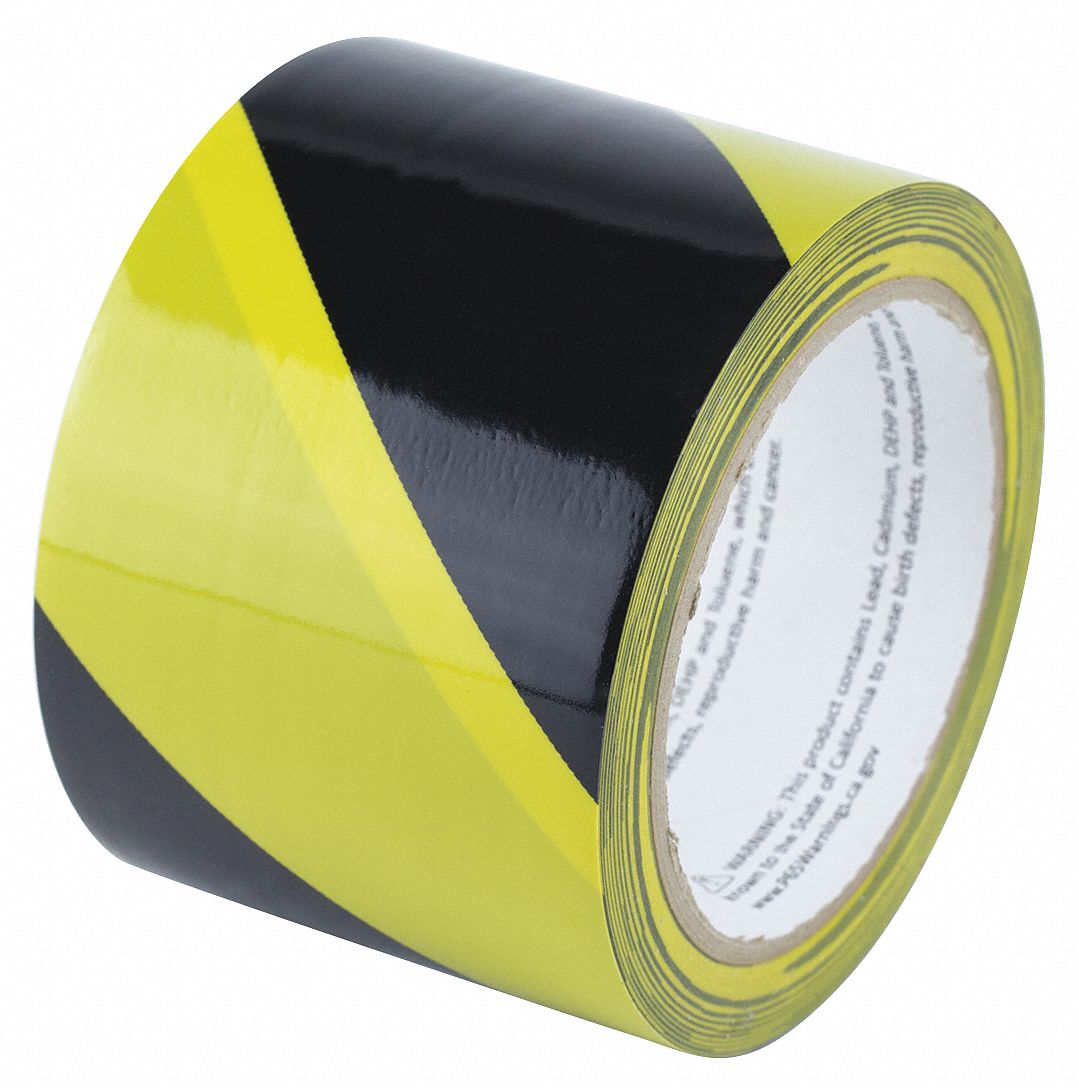 Floor Marking Tape: Gen Purpose, Striped, Black/Yellow, 3 in x 54 ft, 8 mil Tape Thick