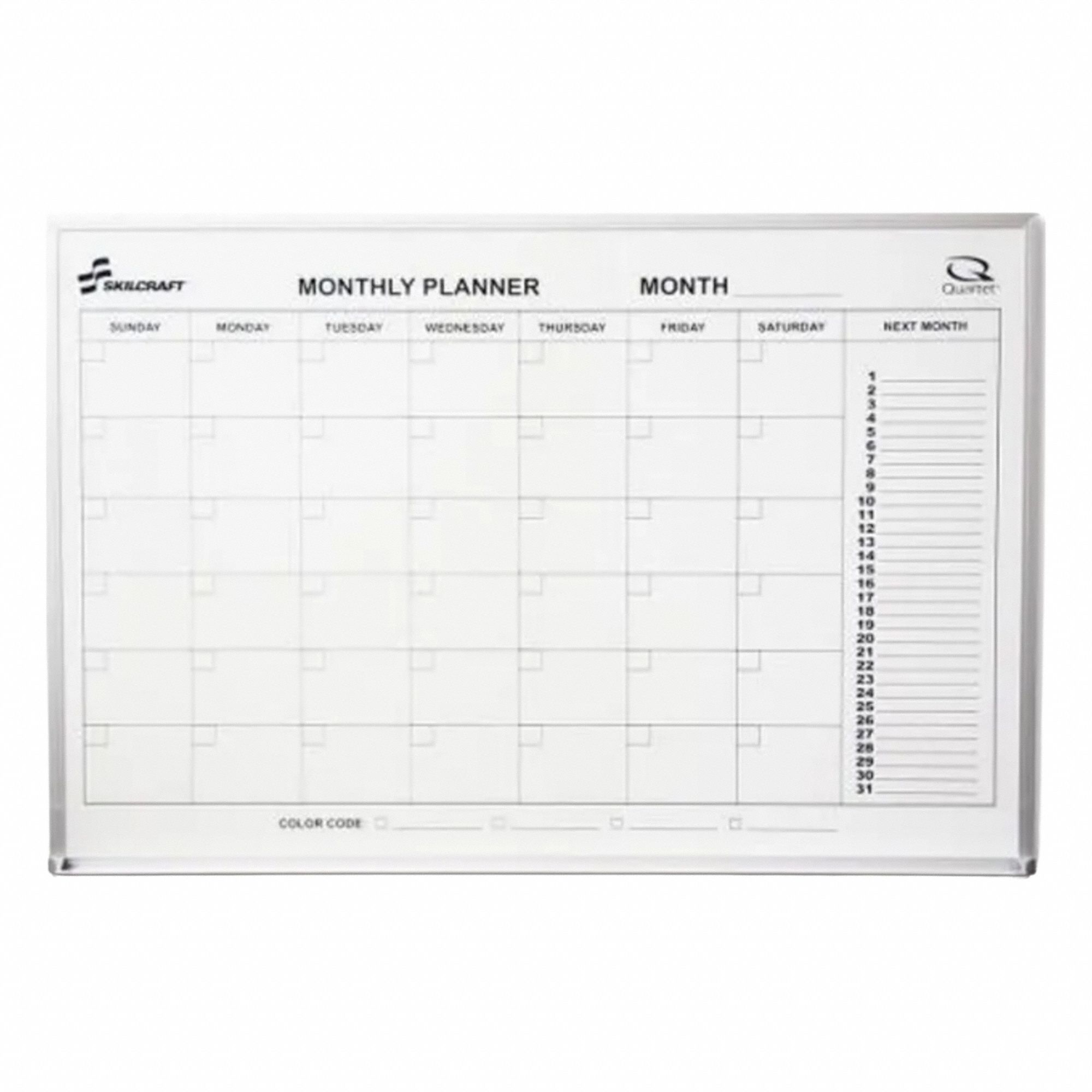 Dry Erase Board: Melamine, 1 Months, Aluminum, 36 in Overall Ht, 24 in Overall Wd