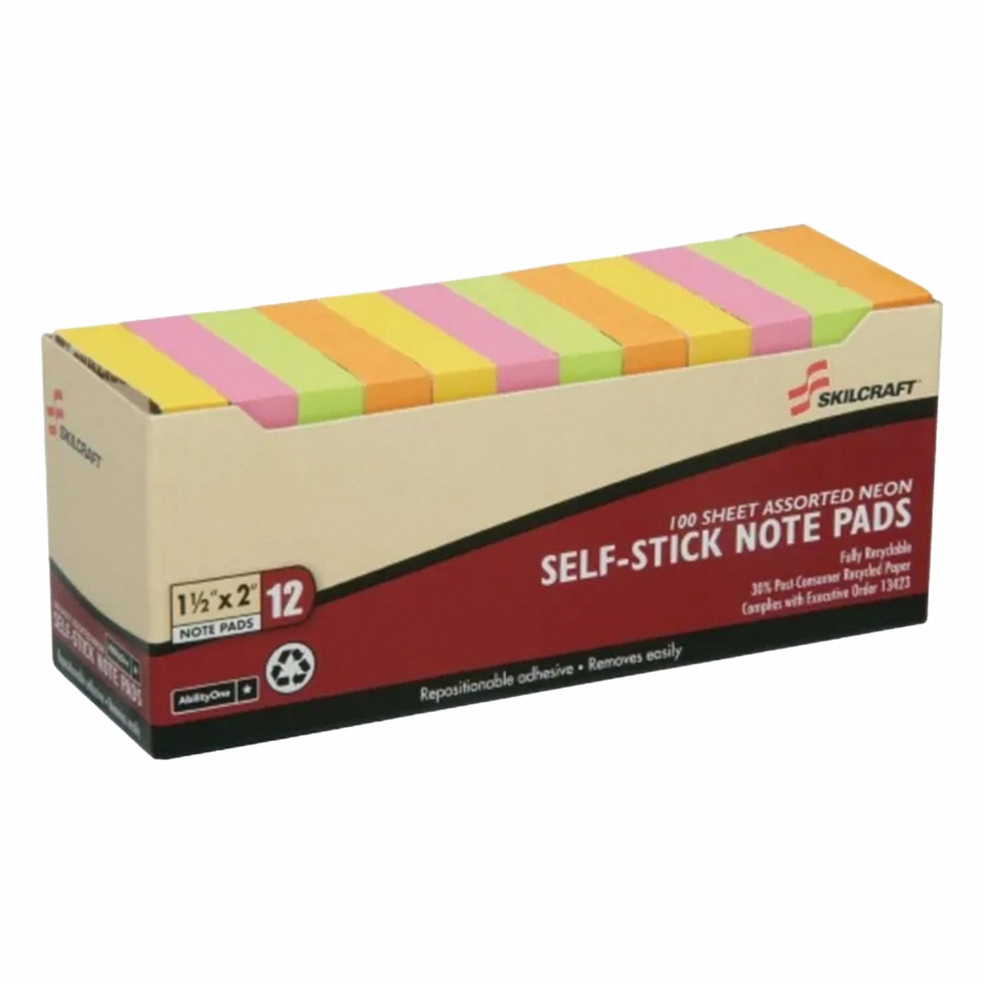 Sticky Note: Assorted, Std, 100 Sheets per Pad, 12 Pads per Pack, 1 1/2 in x 2 in, 12 PK