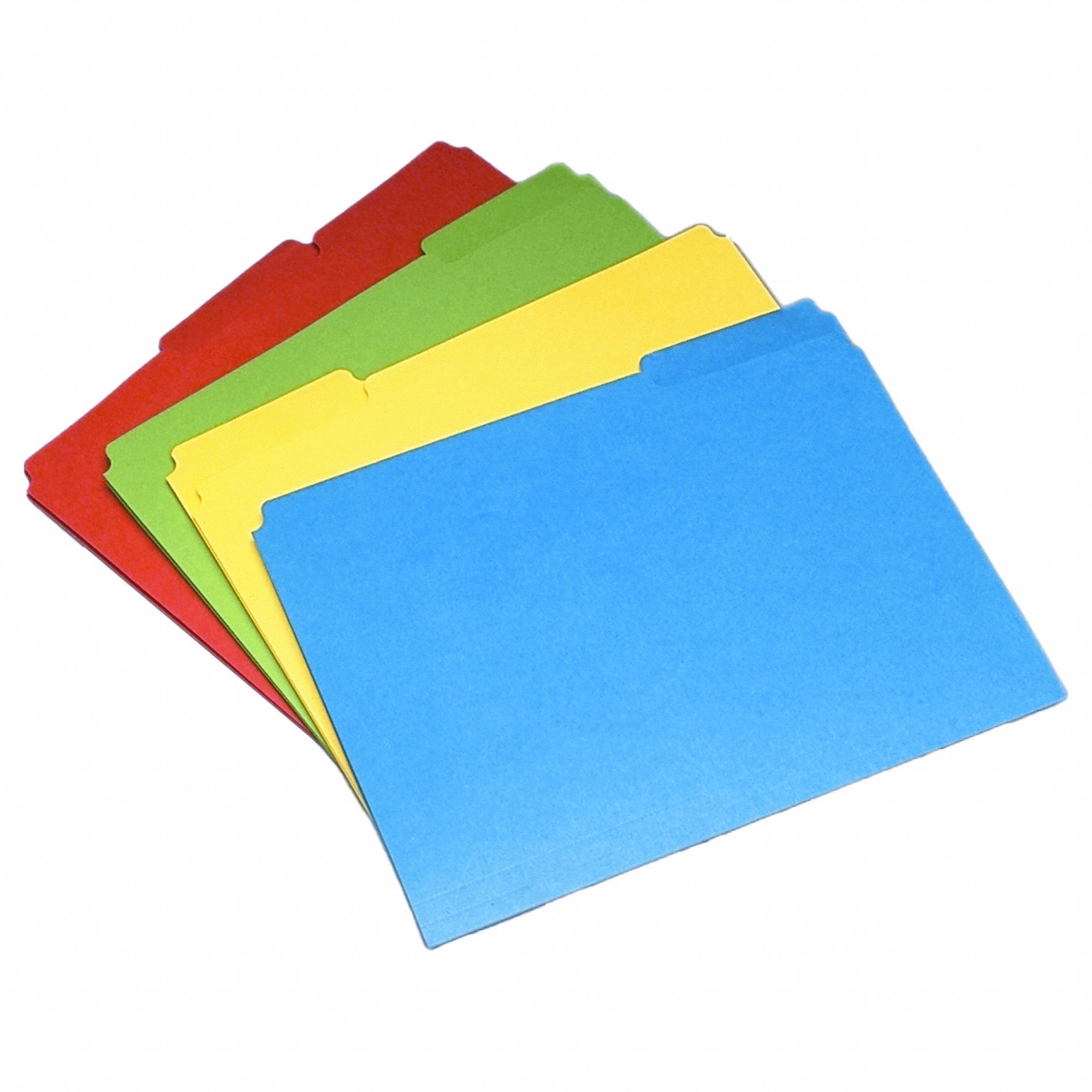 File Folders: 8 1/2 in Ht, 11 in Wd, Assorted, 11 pt. Stock, Top Tab Location, 24 PK