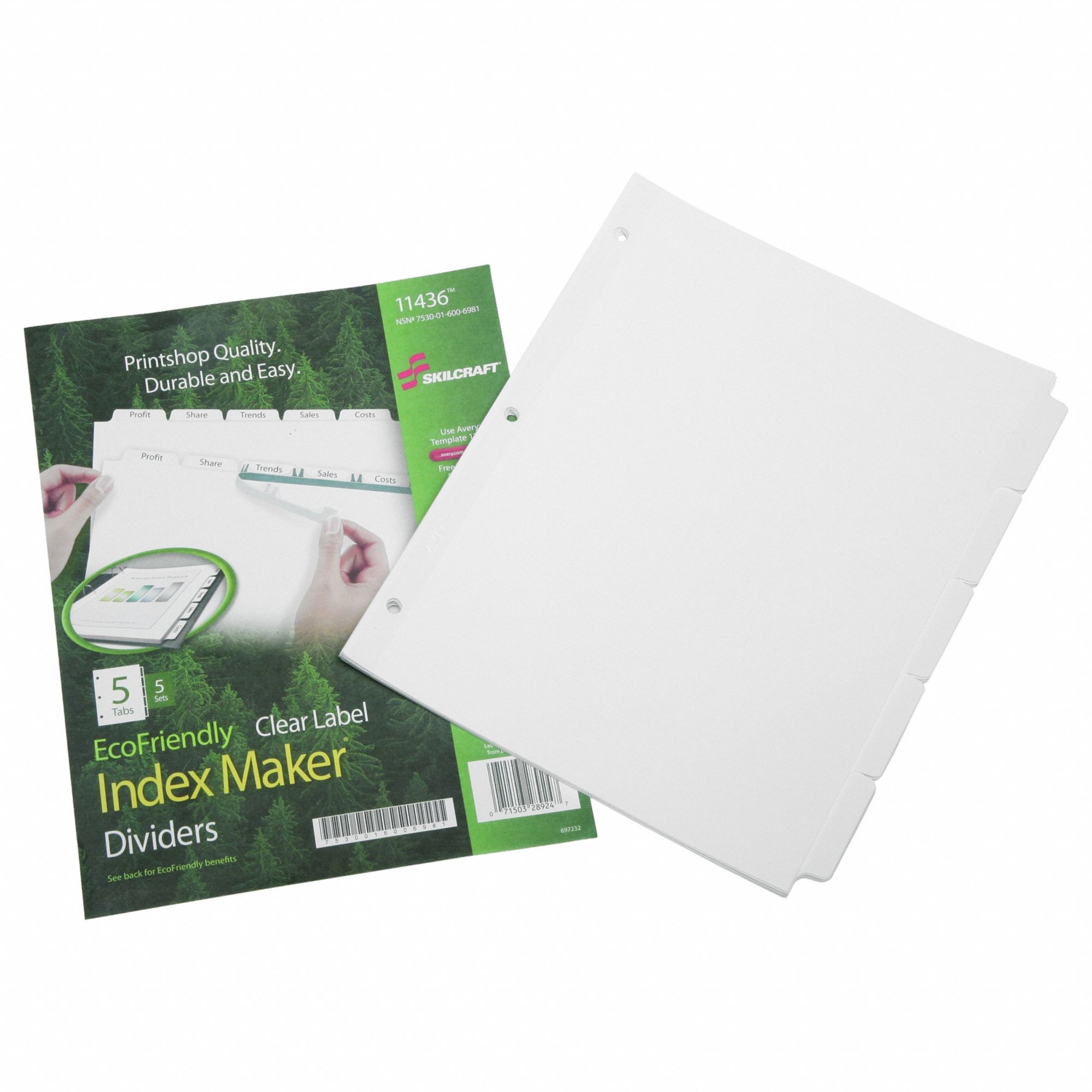 Index Tabs: Blank, 5 Tabs, White, 11 7/8 in Overall Wd, 5 3/4 in Overall Ht, Plastic, 5 PK