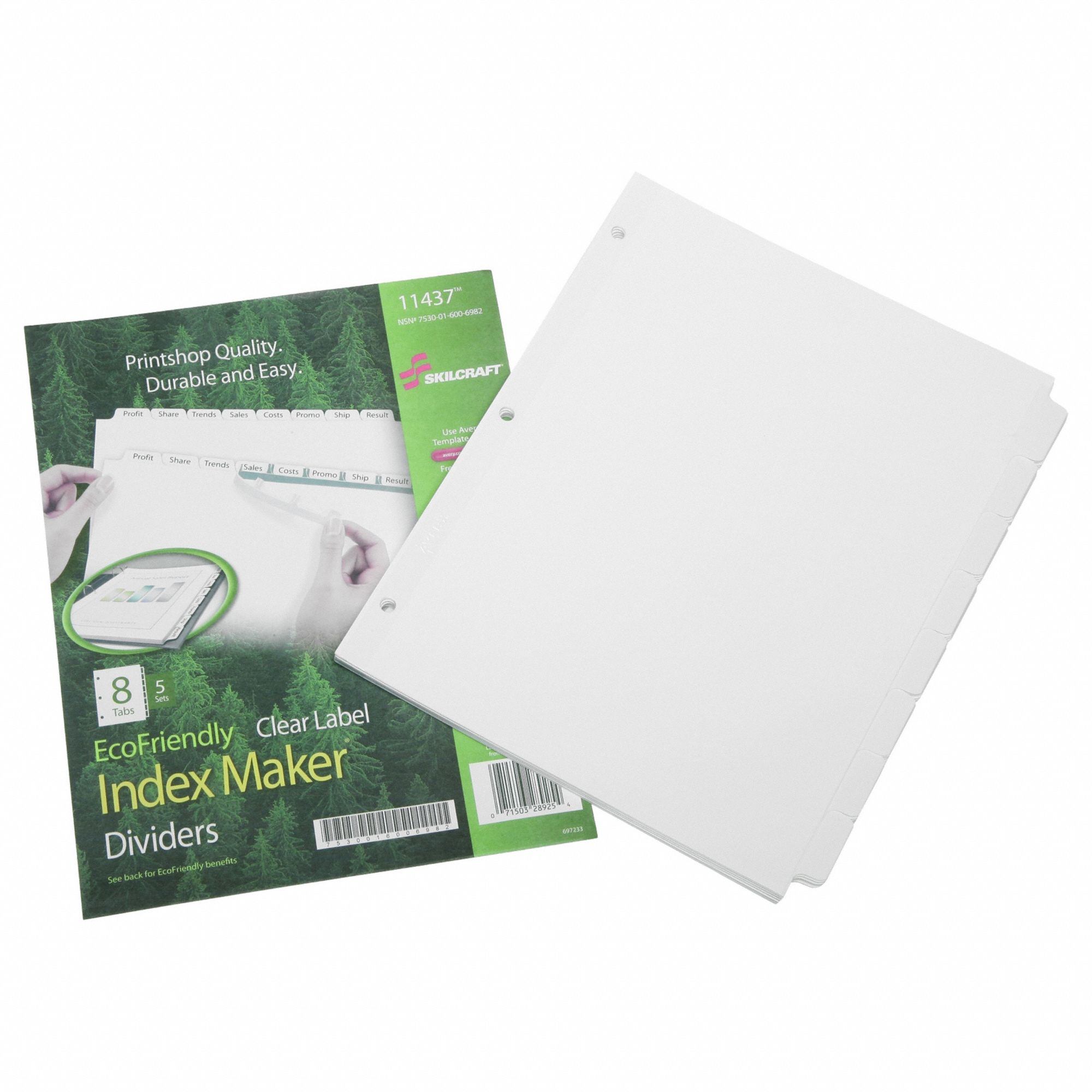 Index Tabs: Blank, 8 Tabs, White, 11 7/8 in Overall Wd, 4 3/4 in Overall Ht, Plastic, 5 PK