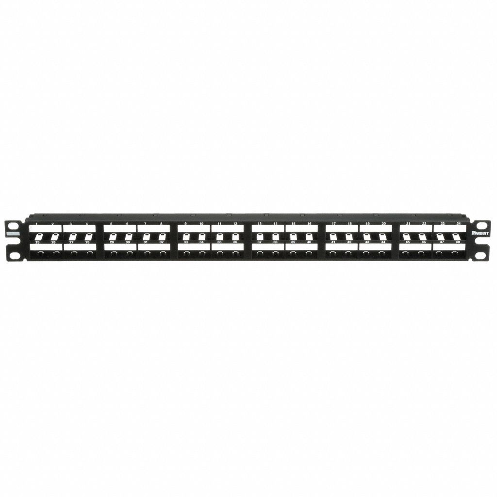 Patch Panel: 1 Rack Units, 48 Ports, Flat, Steel, 1 1/8 in Overall Ht, 19 in Overall Wd
