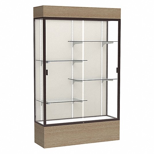 Floor Display Case: 80 in Ht, 48 in Lg, 16 in Dp, 25 lb Shelf Capacity, Driftwood Oak