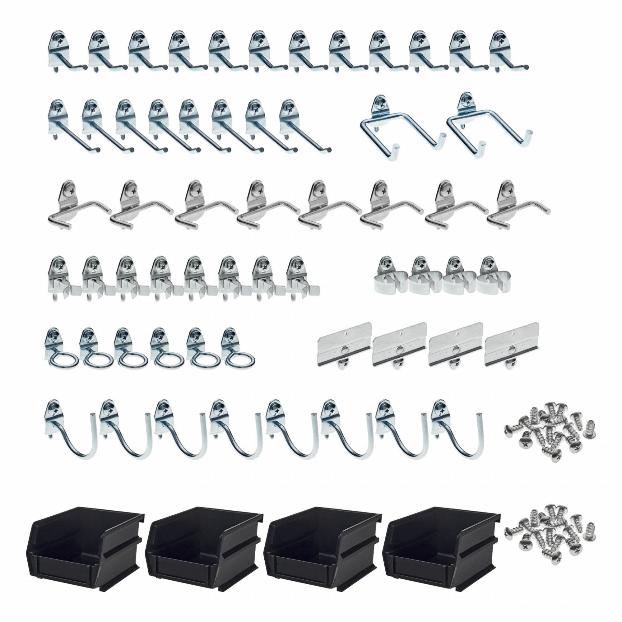 TRITON PRODUCTS Hooks and Hanging Bins: 1/4 in_1/8 in Peg Hole, For 1 in Pegboard Hole Spacing (MPN 76964). Key specifications — Finish: Zinc-Plated; Color: Silver; For Tool Type: Multiple; Includes: (12) 1 in Single Rod 30 Degrees Bends, (2) 2-3/4 in Double Rod 80 Degrees Bends, (4) Bin Clips, (4) Standard Spring Clips, (8) 2-1/2 in Single Rod 30 Degrees Bends, (8) Extended Spring Clips, (8) Pliers/Wrench Holders; Locking System: Screw-In; Mounting Type: Surface; Material: Steel; Accessory Type: Hook and Bin Assortment Kit.