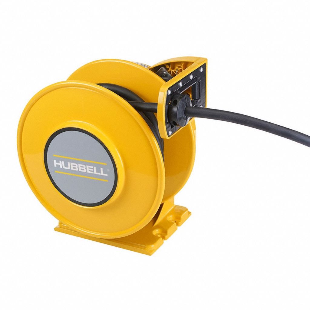 HUBBELL WIRING DEVICE-KELLEMS Extension Cord Reel: Ratchet Lock, 25 ft Cord Lg, 10 AWG, SJO, Yellow (MPN HBLI25103Y). Key specifications — Retractable Cord Ending NEMA Configuration: Bare Wire; Brand: HUBBELL WIRING DEVICE-KELLEMS.