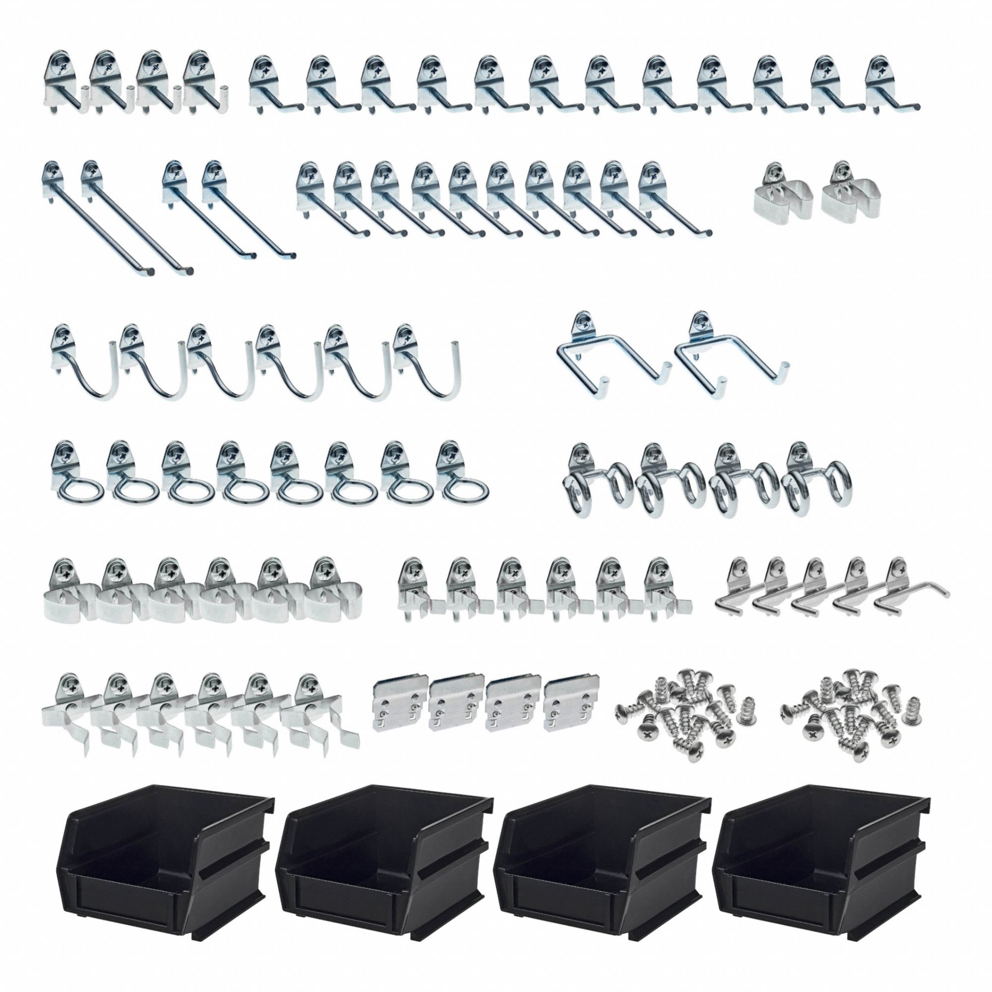 TRITON PRODUCTS Hooks and Hanging Bins: 1/4 in_1/8 in Peg Hole, For 1 in Pegboard Hole Spacing (MPN 76983). Key specifications — Finish: Zinc-Plated; Color: Silver; For Tool Type: Multiple; Includes: (10) 2-1/2 in Single Rod 30° Bends; Locking System: Screw-In; Mounting Type: Surface; Material: Steel; Accessory Type: Hook and Bin Assortment Kit.