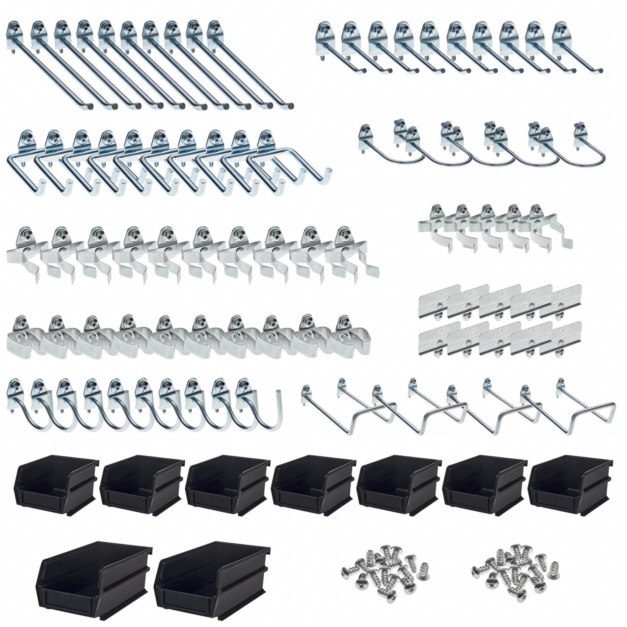 TRITON PRODUCTS Hooks and Hanging Bins: 1/4 in_1/8 in Peg Hole, For 1 in Pegboard Hole Spacing (MPN 76995). Key specifications — Finish: Zinc-Plated; Color: Silver; For Tool Type: Multiple; Includes: (5) 5 in Double C-Shapes; Locking System: Screw-In; Mounting Type: Surface; Material: Steel; Accessory Type: Hook and Bin Assortment Kit.