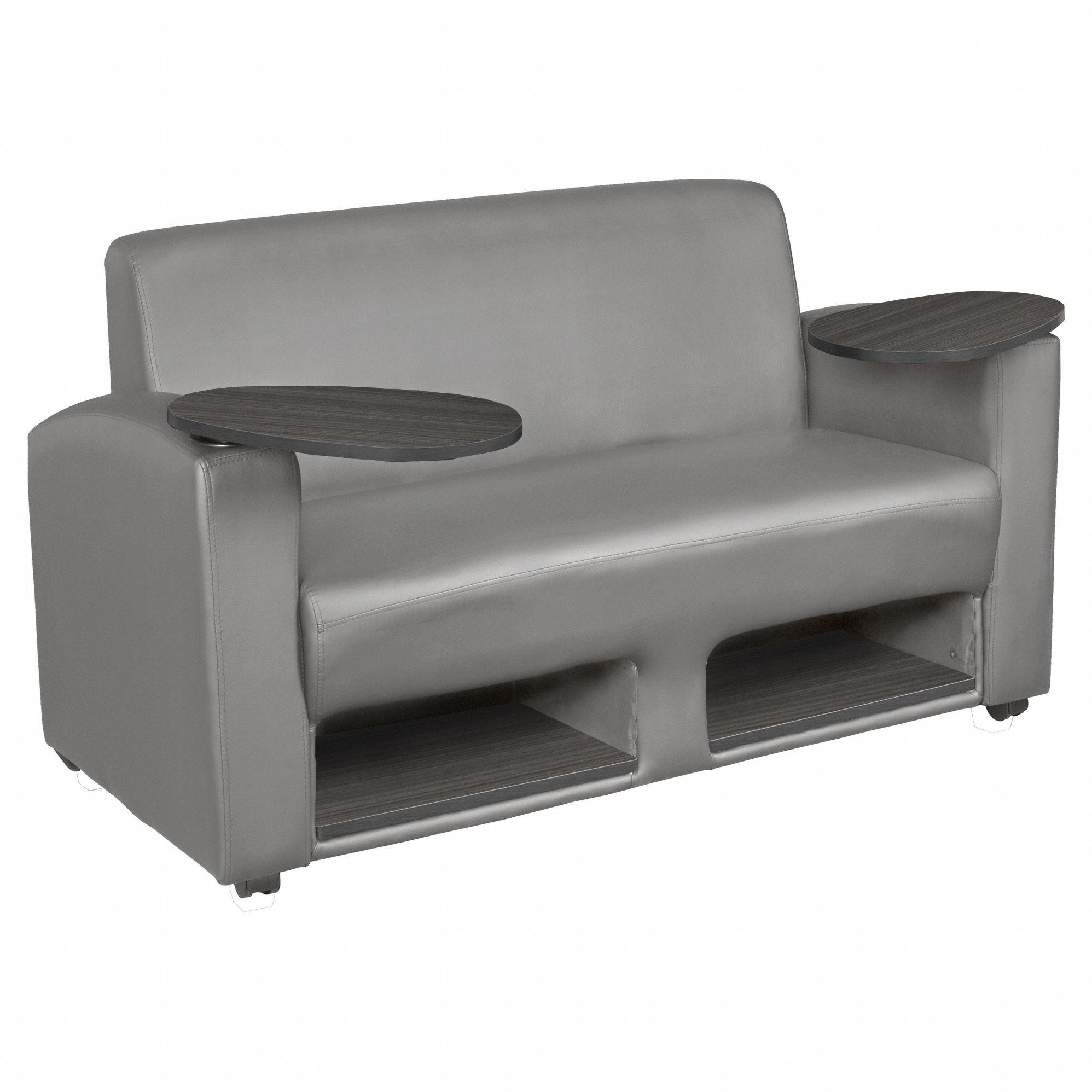 Sofa: Gray, Gray, Vinyl, Wood, 45 in Seat Wd, 19 in Seat Dp, (2) Storage Compartments