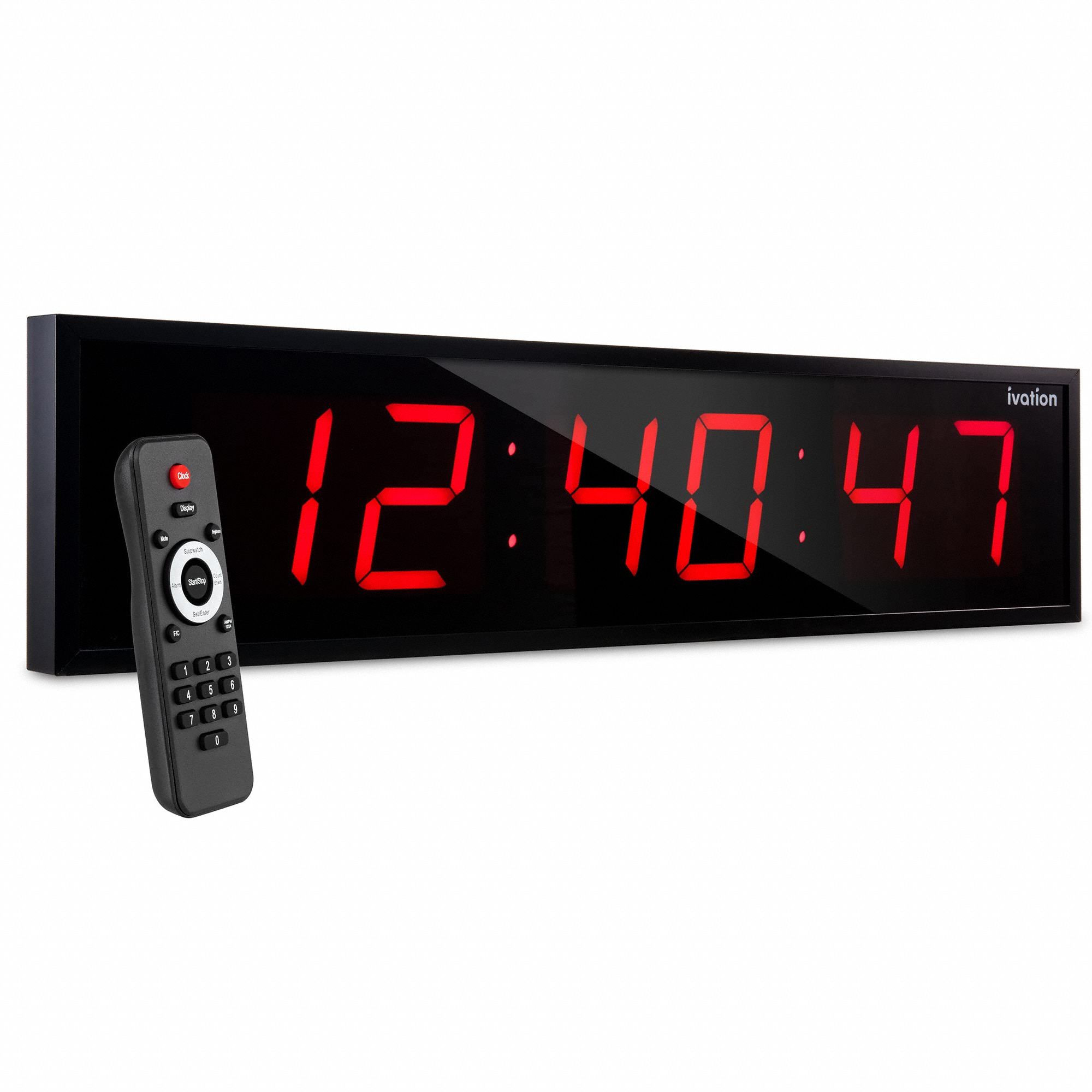 Digital Clock: LED, 6 Digits, 11 1/4 in Ht, 48 in Wd, Electric Powered, Wall