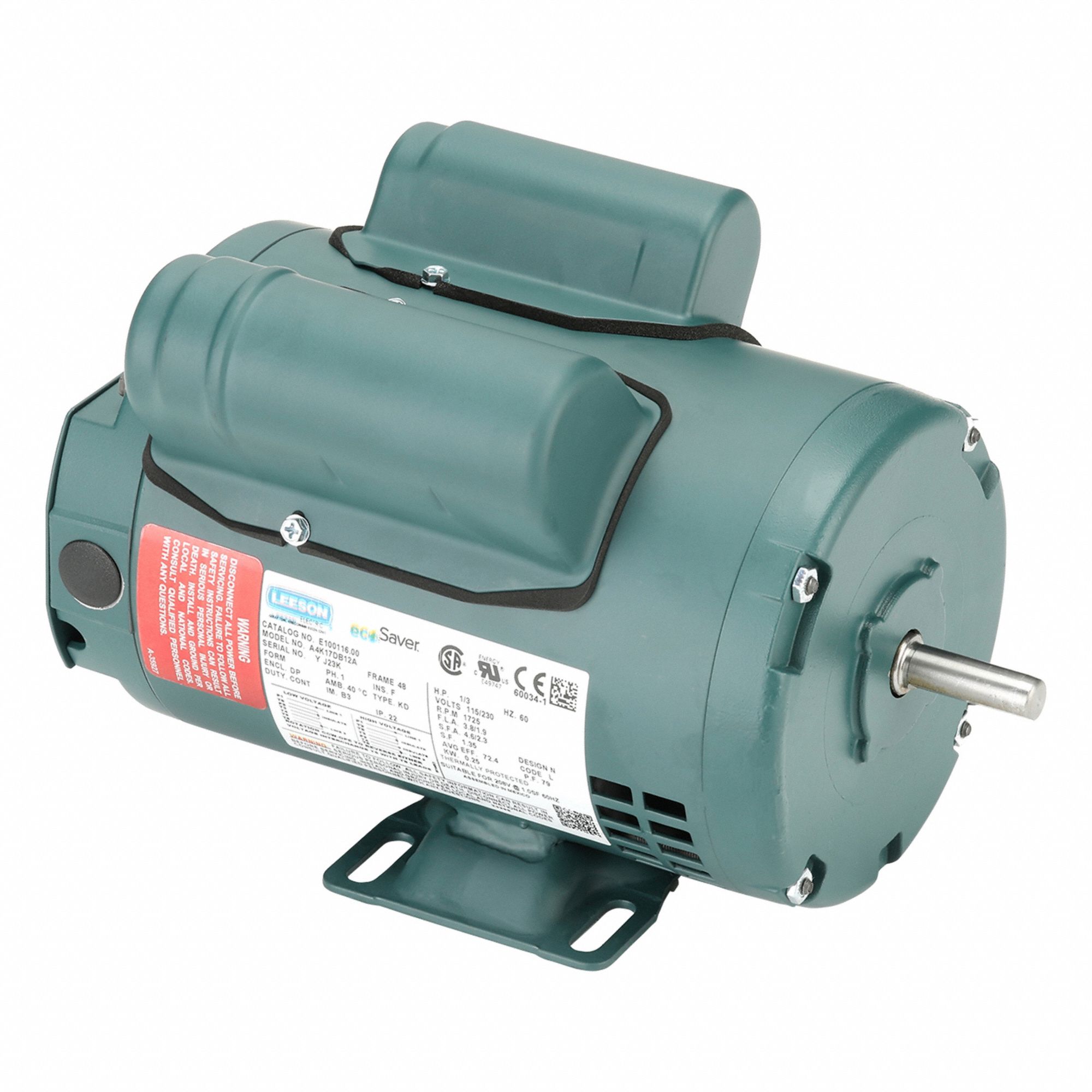 General Purpose Motor: Single Phase, 1/3 hp, 115/230V AC, 48 Frame Size, 1/2 in x 1 1/2 in, F