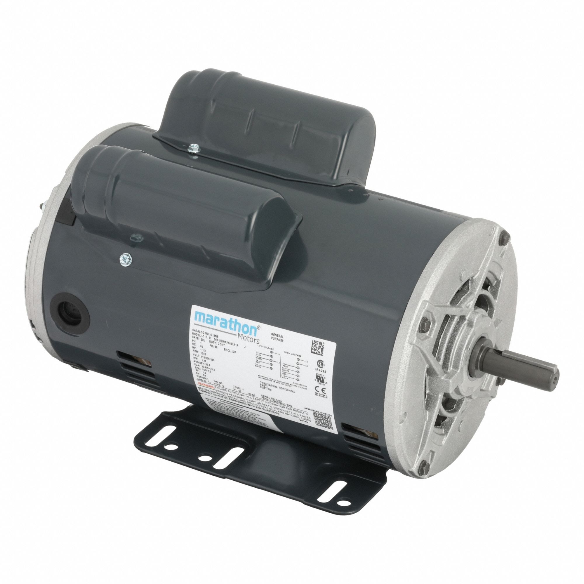 General Purpose Motor: Single Phase, 1 1/2 hp, 115/208-230V AC, 56 Frame Size, 1, 725 RPM, B