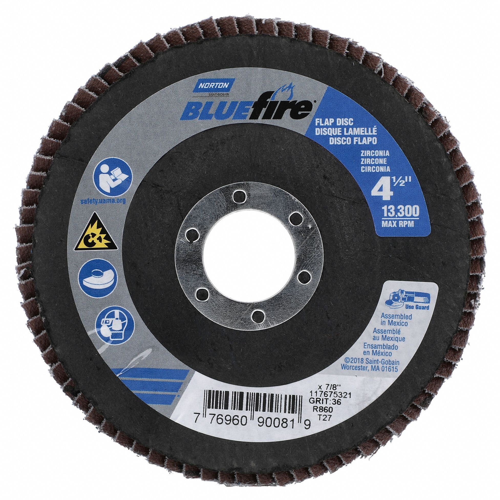 FLAP DISC, TYPE 27, 4½ IN X ⅞ IN, ZIRCONIA ALUMINA, P36 GRIT, FIBREGLASS BACKING, HIGH DENSITY