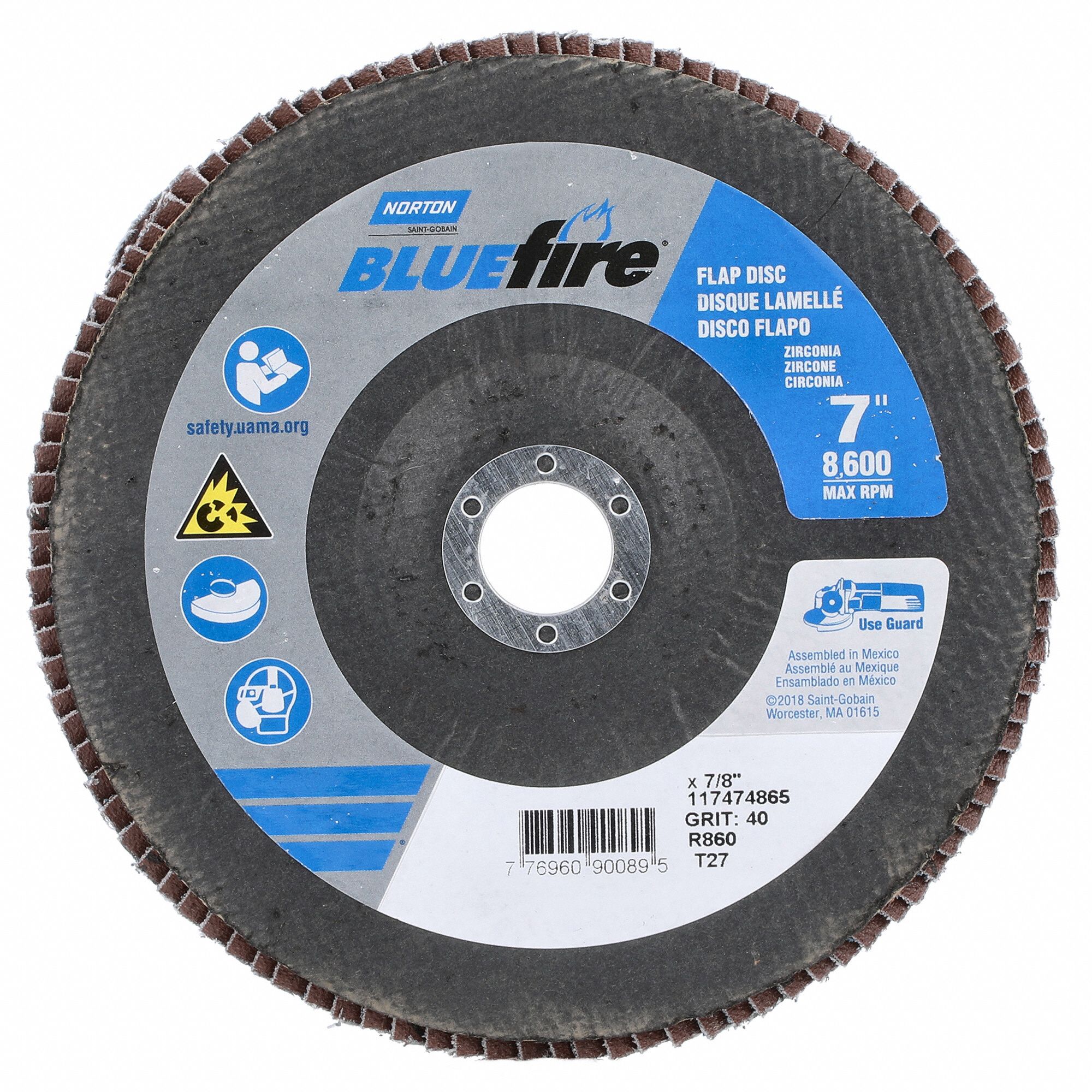 FLAP DISC, TYPE 27, 7 IN X ⅞ IN, ZIRCONIA ALUMINA, P40 GRIT, FIBREGLASS BACKING, HIGH DENSITY