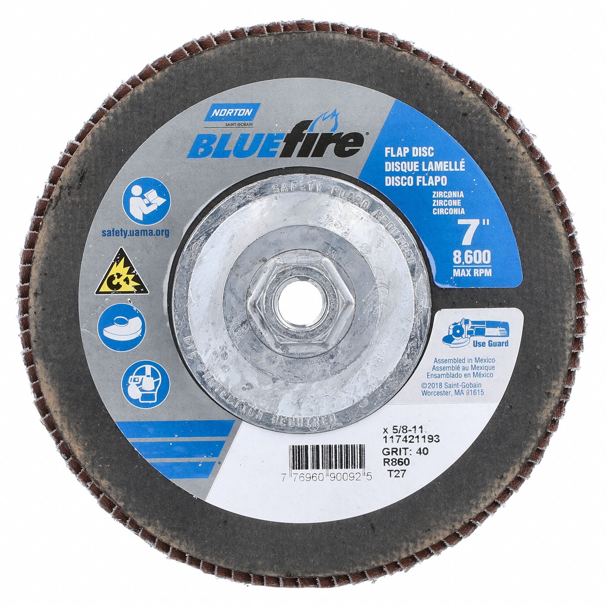 Flap Disc: Type 27, 7" x 5/8"-11, Zirconia Alumina, P40 Grit, Fiberglass Bk, High Density