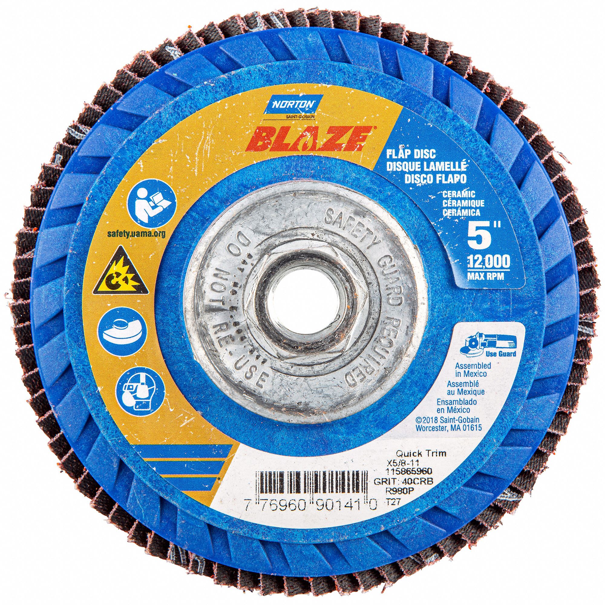 Flap Disc: Type 27, 5" x 5/8"-11, Ceramic, 40 Grit, Plastic Bk, Std Density, Blaze R980P