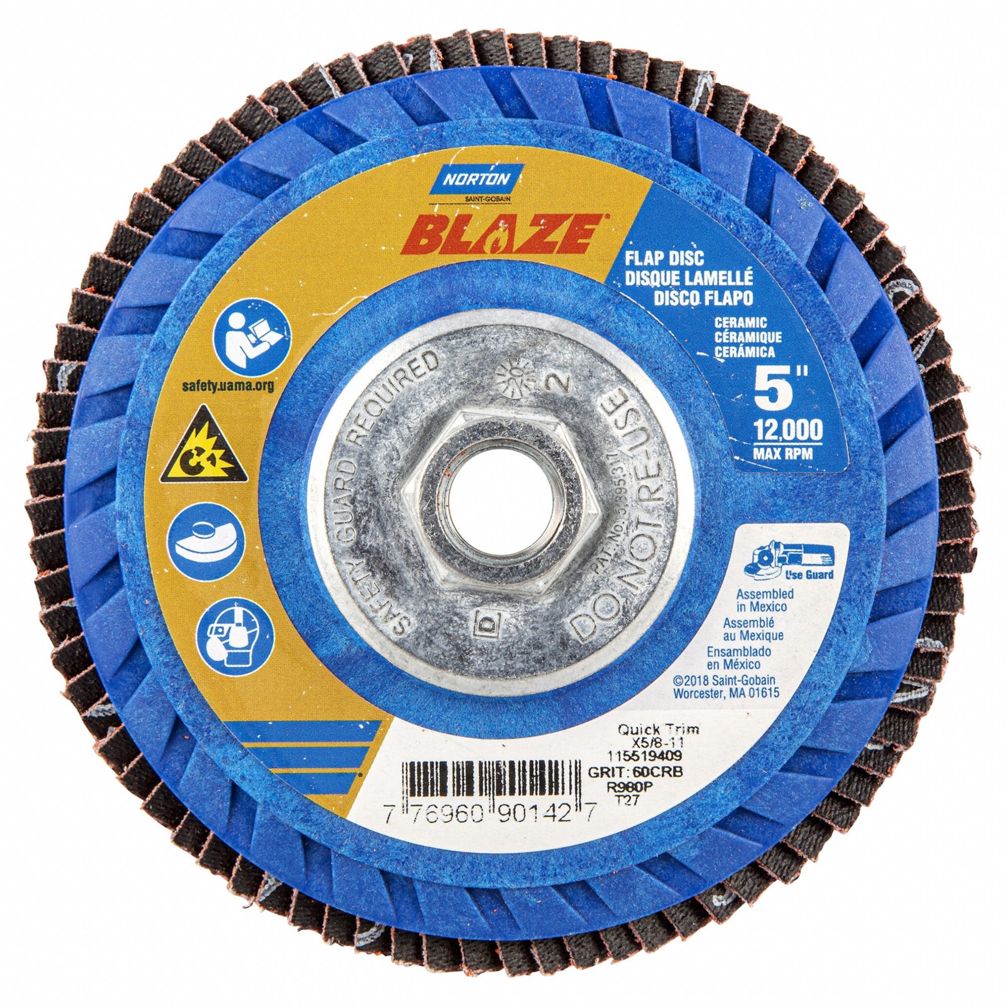 Flap Disc: Type 27, 5" x 5/8"-11, Ceramic, 60 Grit, Plastic Bk, Std Density, Blaze R980P