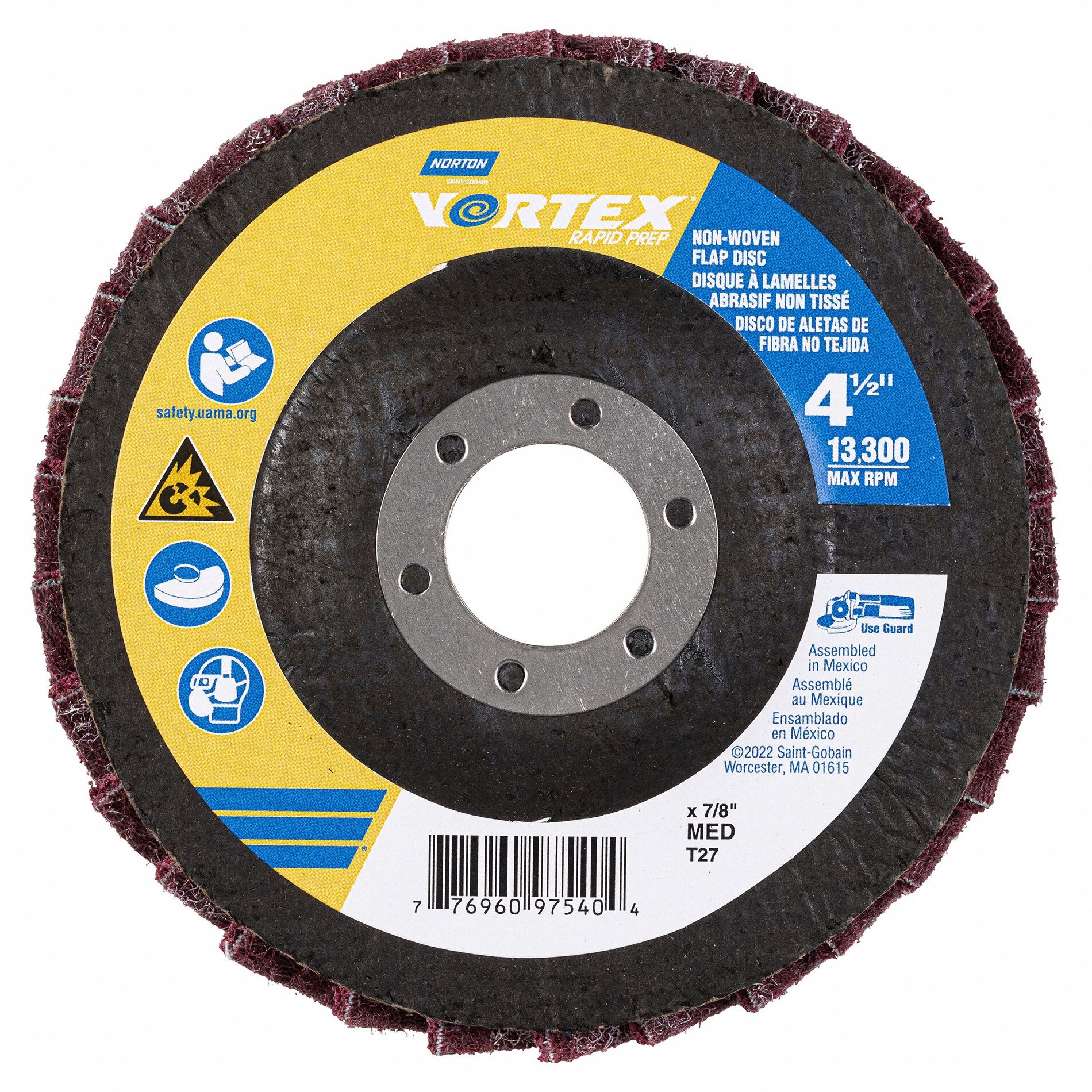 Flap Disc: Type 27, 4-1/2" x 7/8", Aluminum Oxide, Vortex Rapid Prep